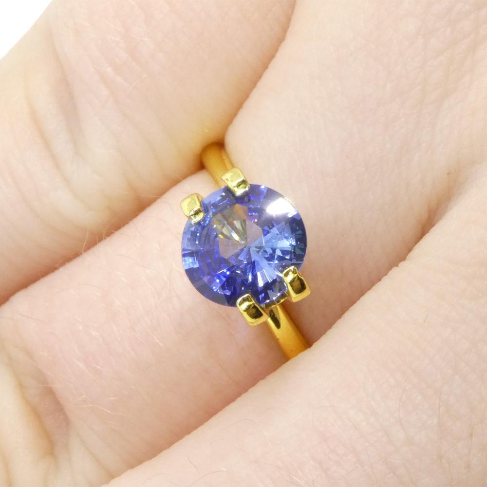Description:

Gem Type: Sapphire 
Number of Stones: 1
Weight: 1.65 cts
Measurements: 7.42 x 7.42 x 4.08 mm
Shape: Round
Cutting Style Crown: Brilliant Cut
Cutting Style Pavilion: Step Cut 
Transparency: Transparent
Clarity: Very Very Slightly
