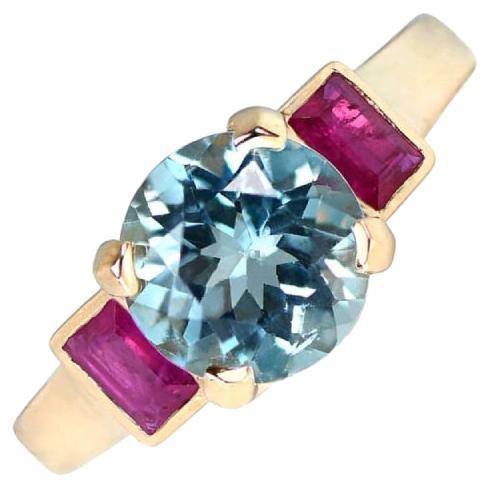 1.65ct Round Cut Aquamarine Cocktail Ring, 18k Yellow Gold  For Sale