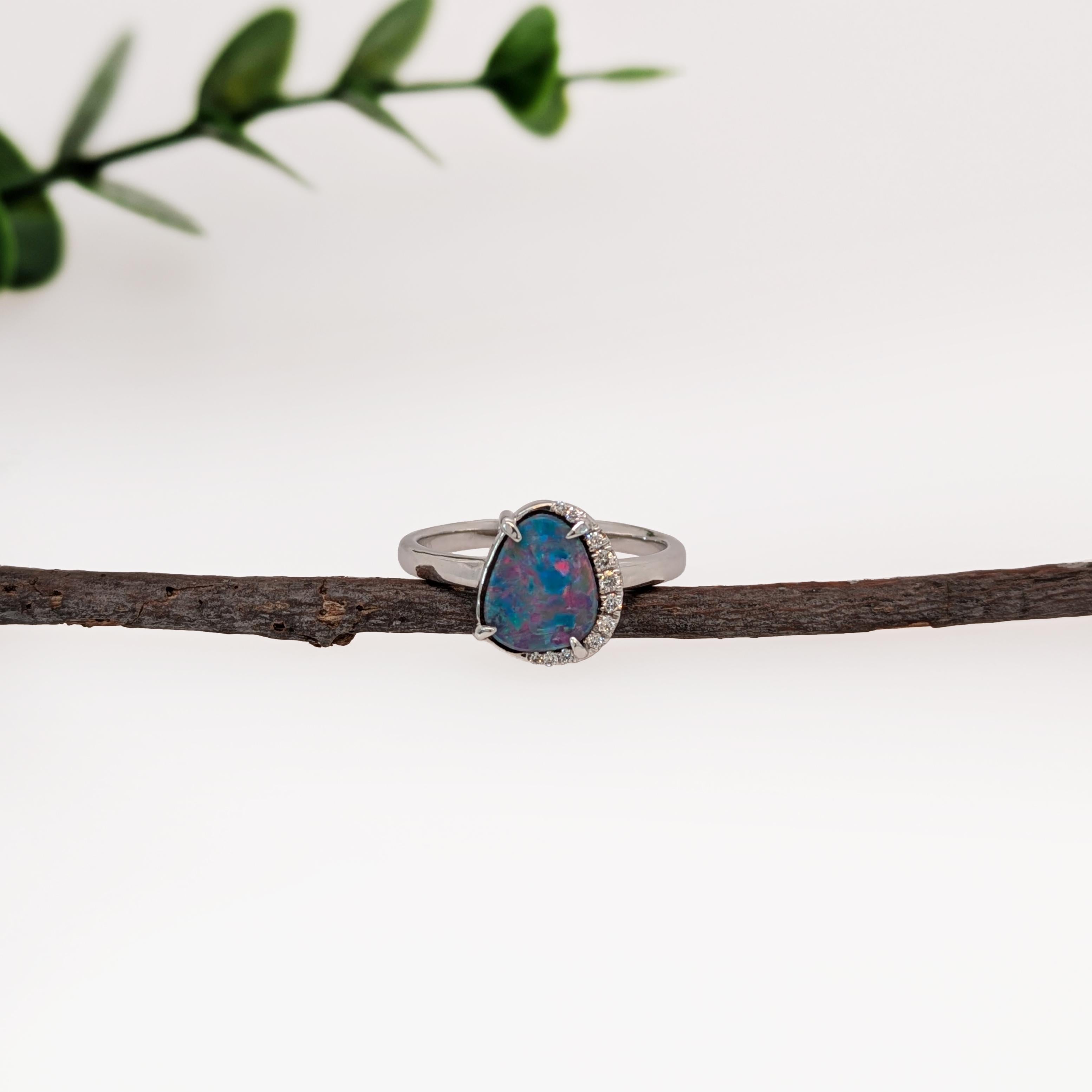 Contemporary 1.65cts Boulder Opal Ring w Diamond Accents in 14K White Gold  Fancy Shape 9x7mm For Sale