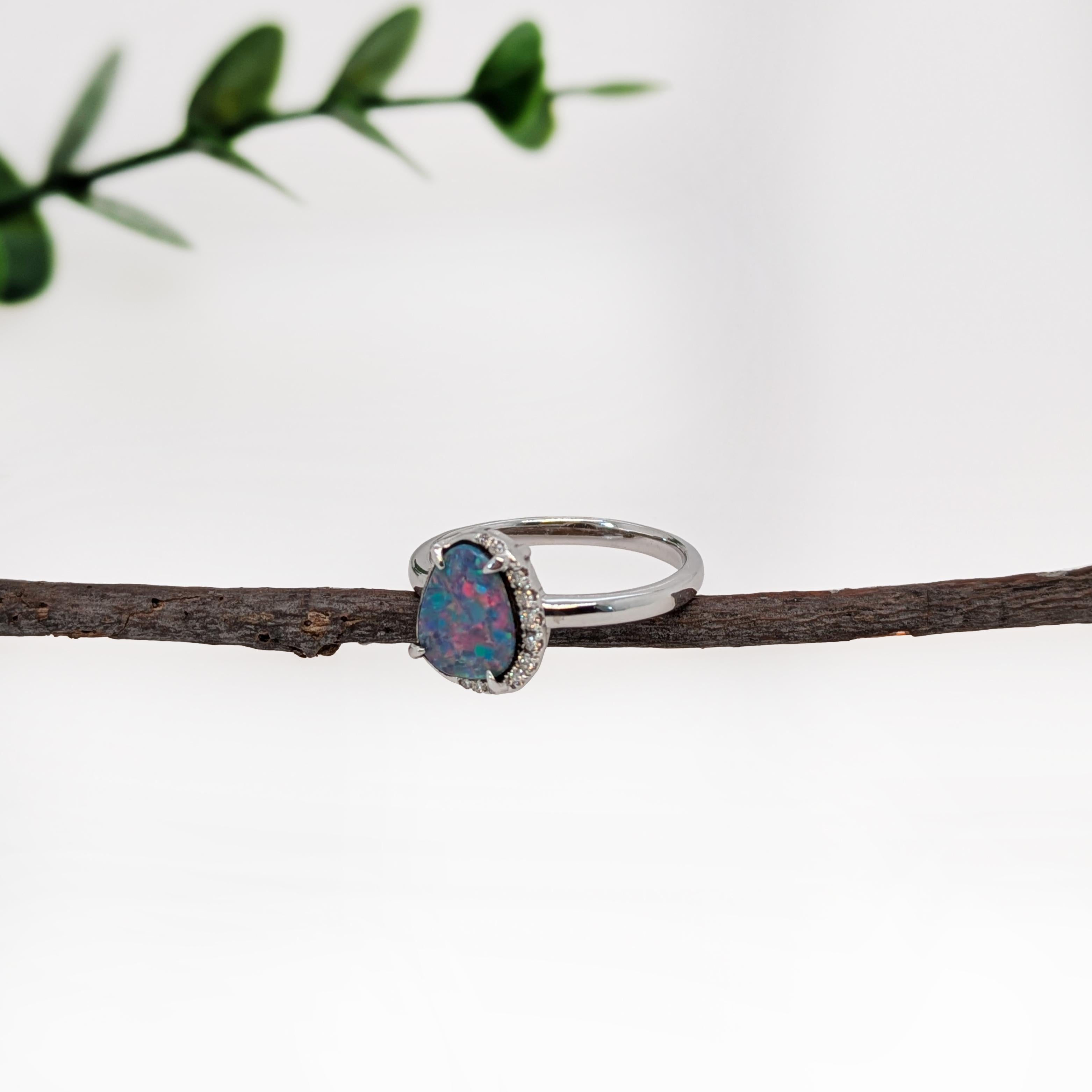 Rough Cut 1.65cts Boulder Opal Ring w Diamond Accents in 14K White Gold  Fancy Shape 9x7mm For Sale