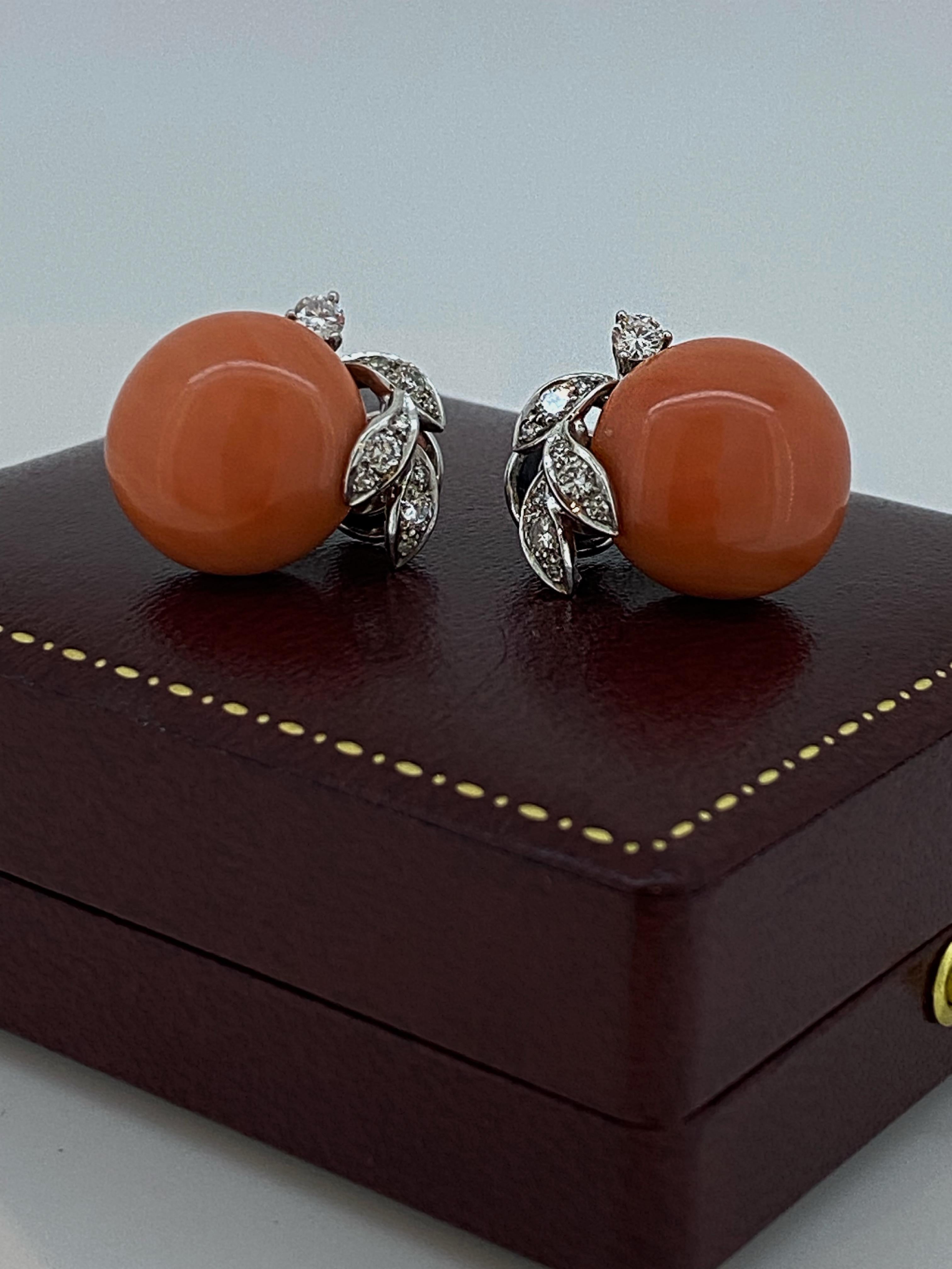 Cabochon 16.5mm Natural Mediterranean Coral & Diamond Earrings / Clips in 18K White Gold For Sale