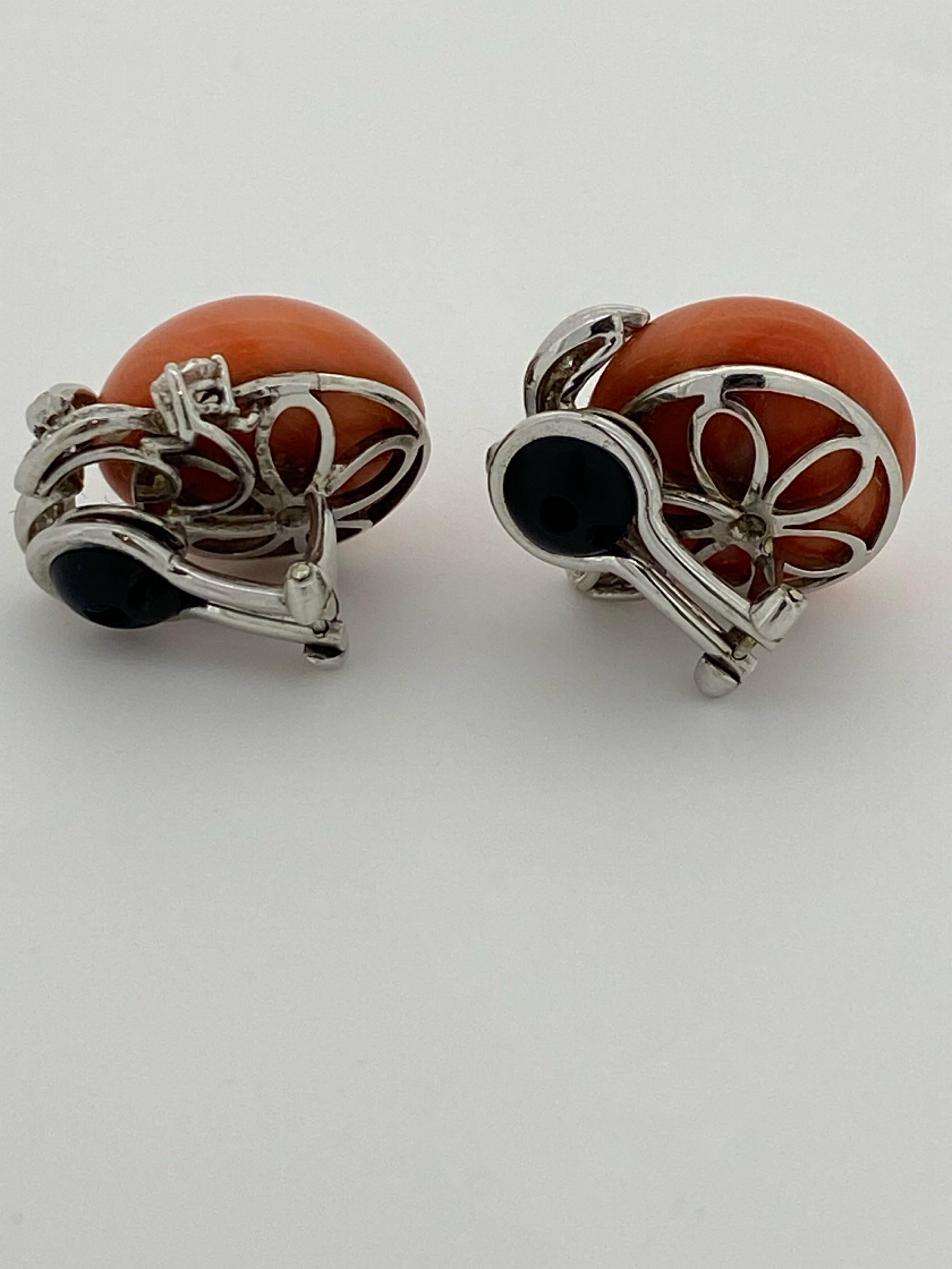 Women's 16.5mm Natural Mediterranean Coral & Diamond Earrings / Clips in 18K White Gold For Sale