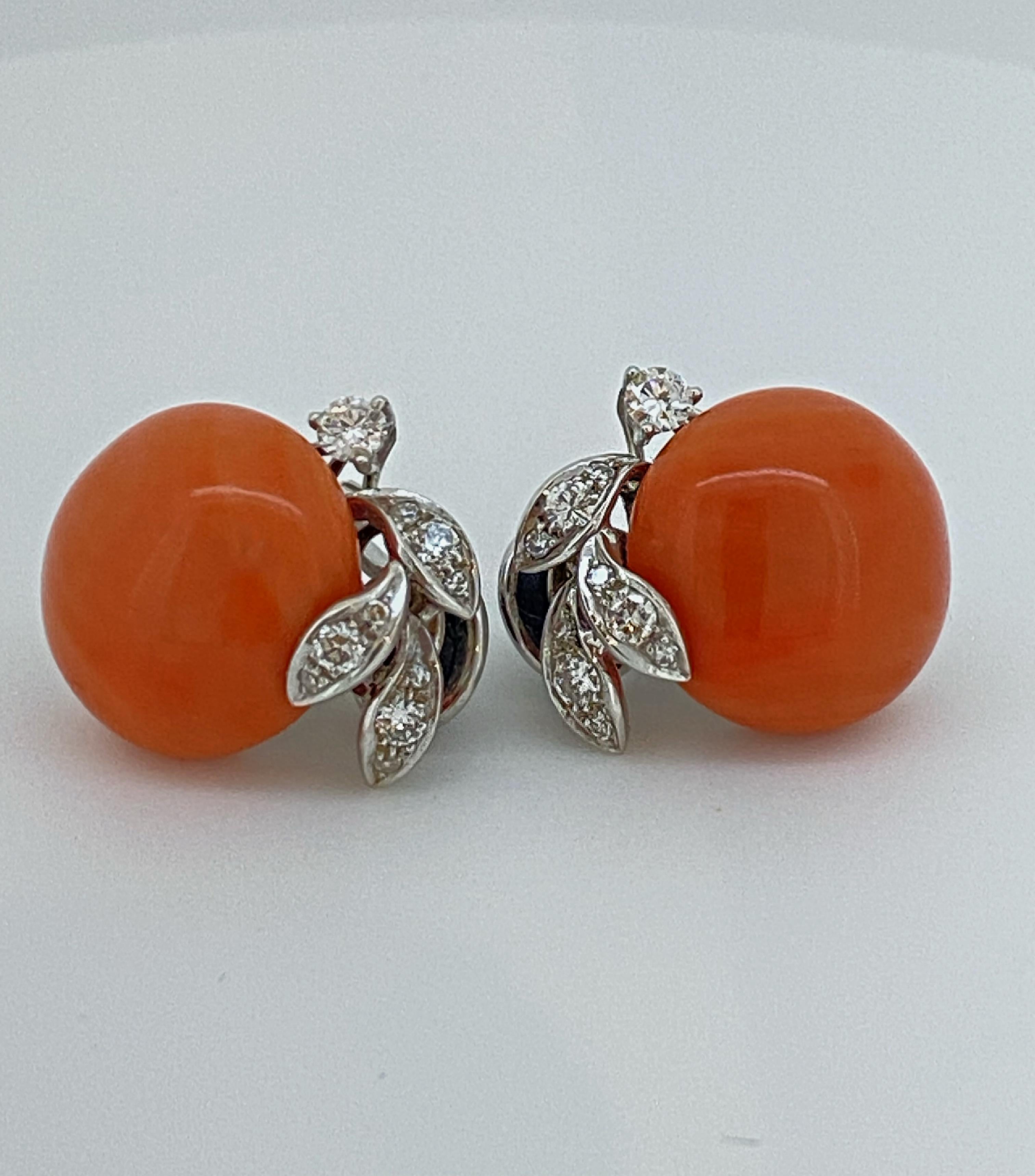 16.5mm Natural Mediterranean Coral & Diamond Earrings / Clips in 18K White Gold For Sale 1