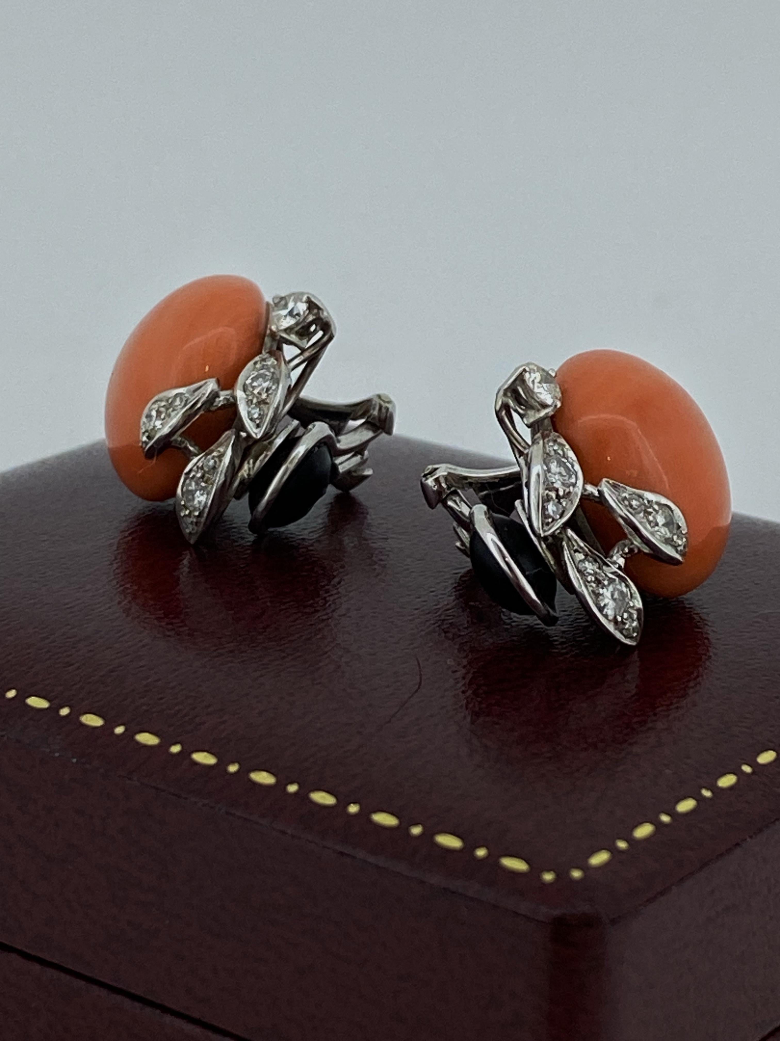 16.5mm Natural Mediterranean Coral & Diamond Earrings / Clips in 18K White Gold For Sale 2