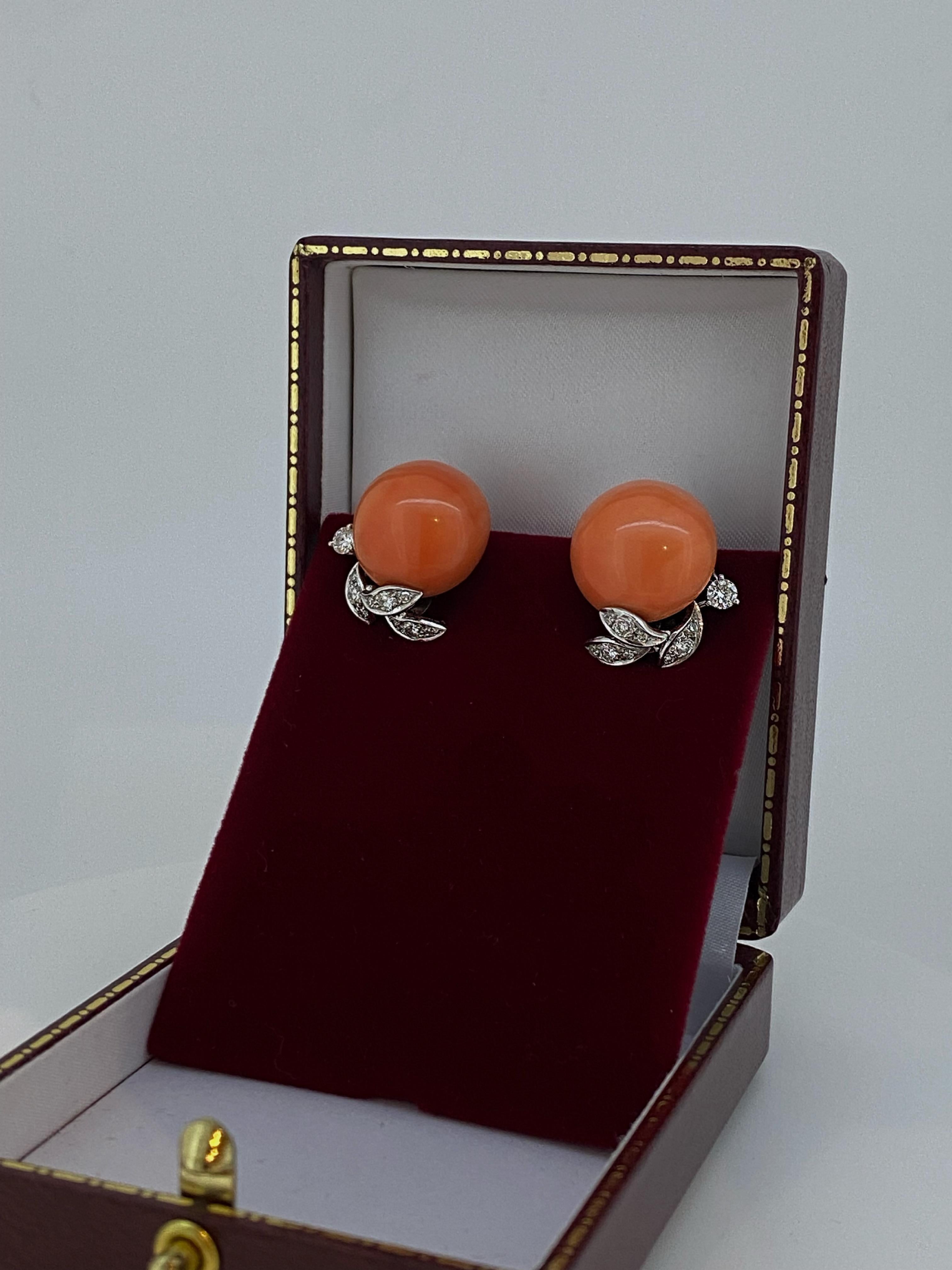 16.5mm Natural Mediterranean Coral & Diamond Earrings / Clips in 18K White Gold For Sale 3
