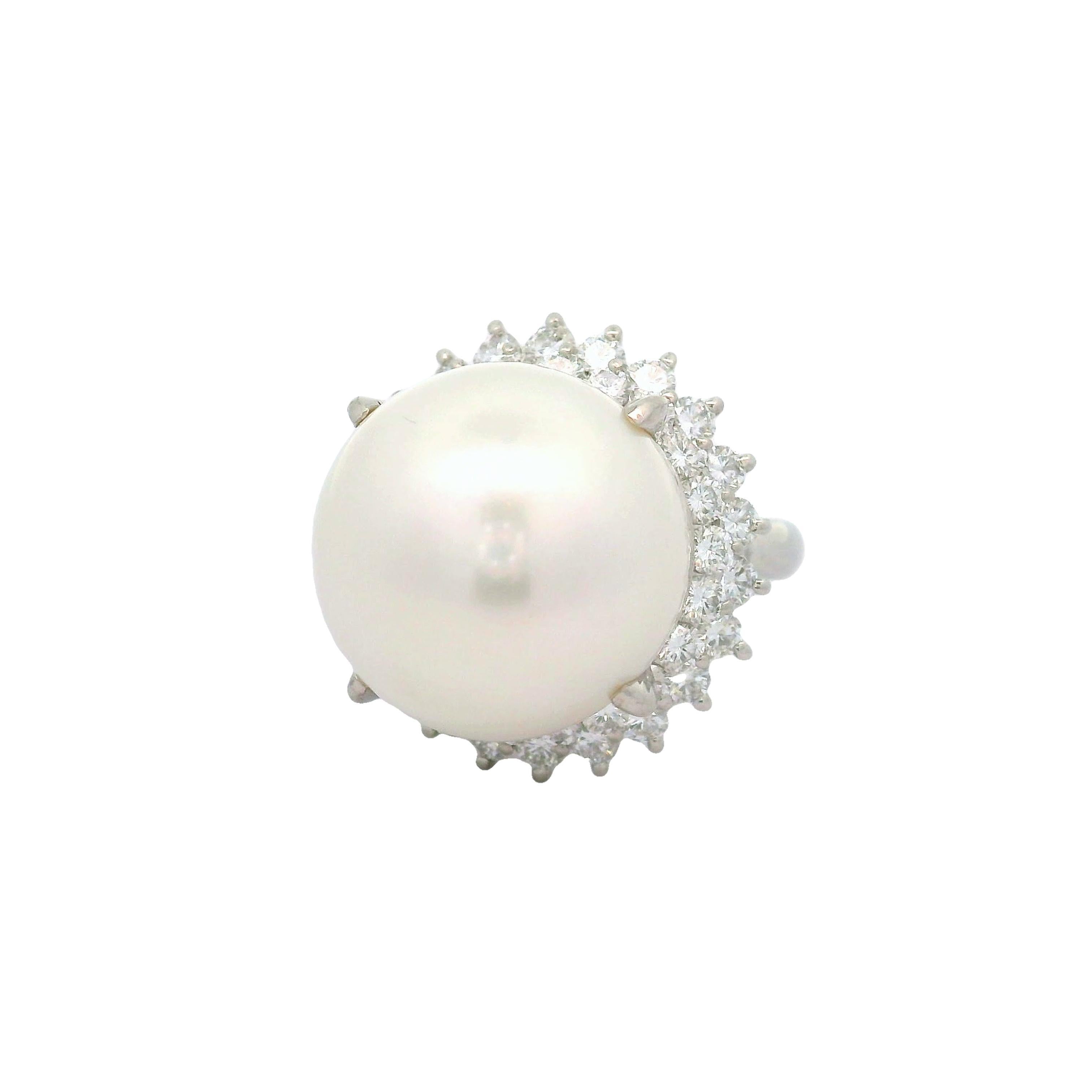 Contemporary 16.5mm South Sea Pearl Diamond Double-Halo Platinum Cocktail Ring For Sale