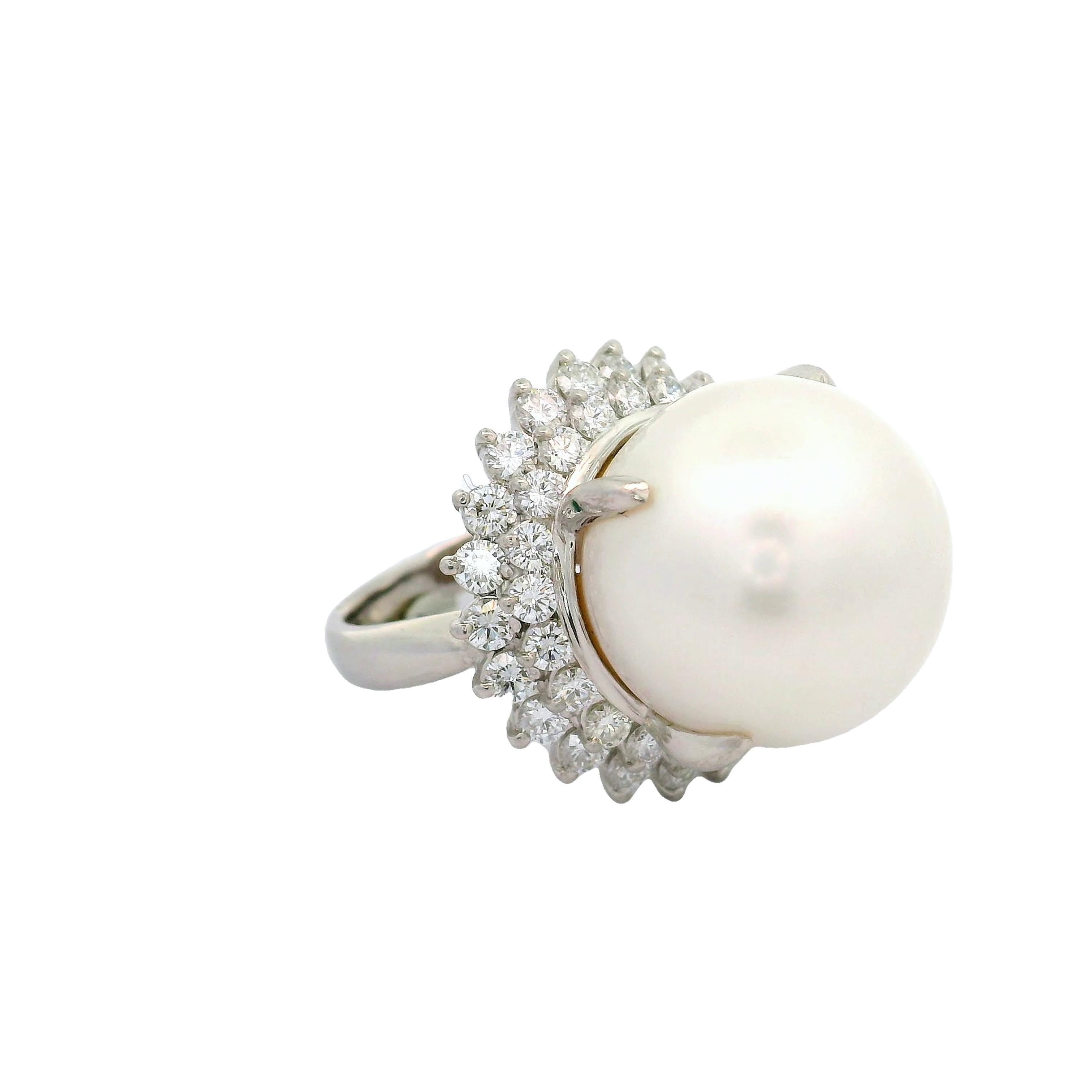 Ball Cut 16.5mm South Sea Pearl Diamond Double-Halo Platinum Cocktail Ring For Sale