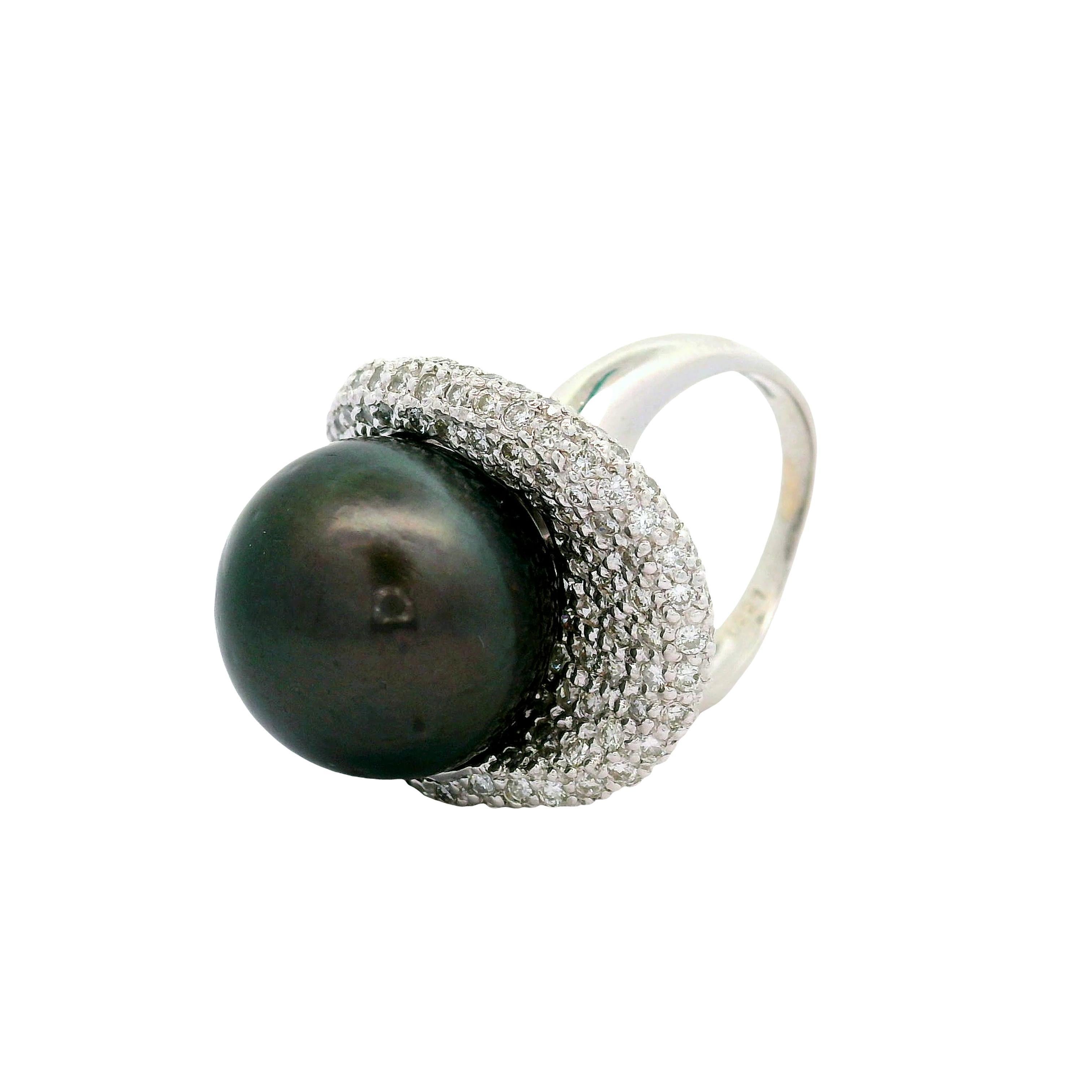 Bague cocktail 16.5mm Tahitian Black Pearl Diamond Pave Platinum Cocktail Ring Excellent état - En vente à Beverly Hills, CA