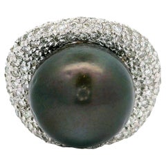 16.5mm Tahitian Black Pearl Diamond Pave Platinum Cocktail Ring