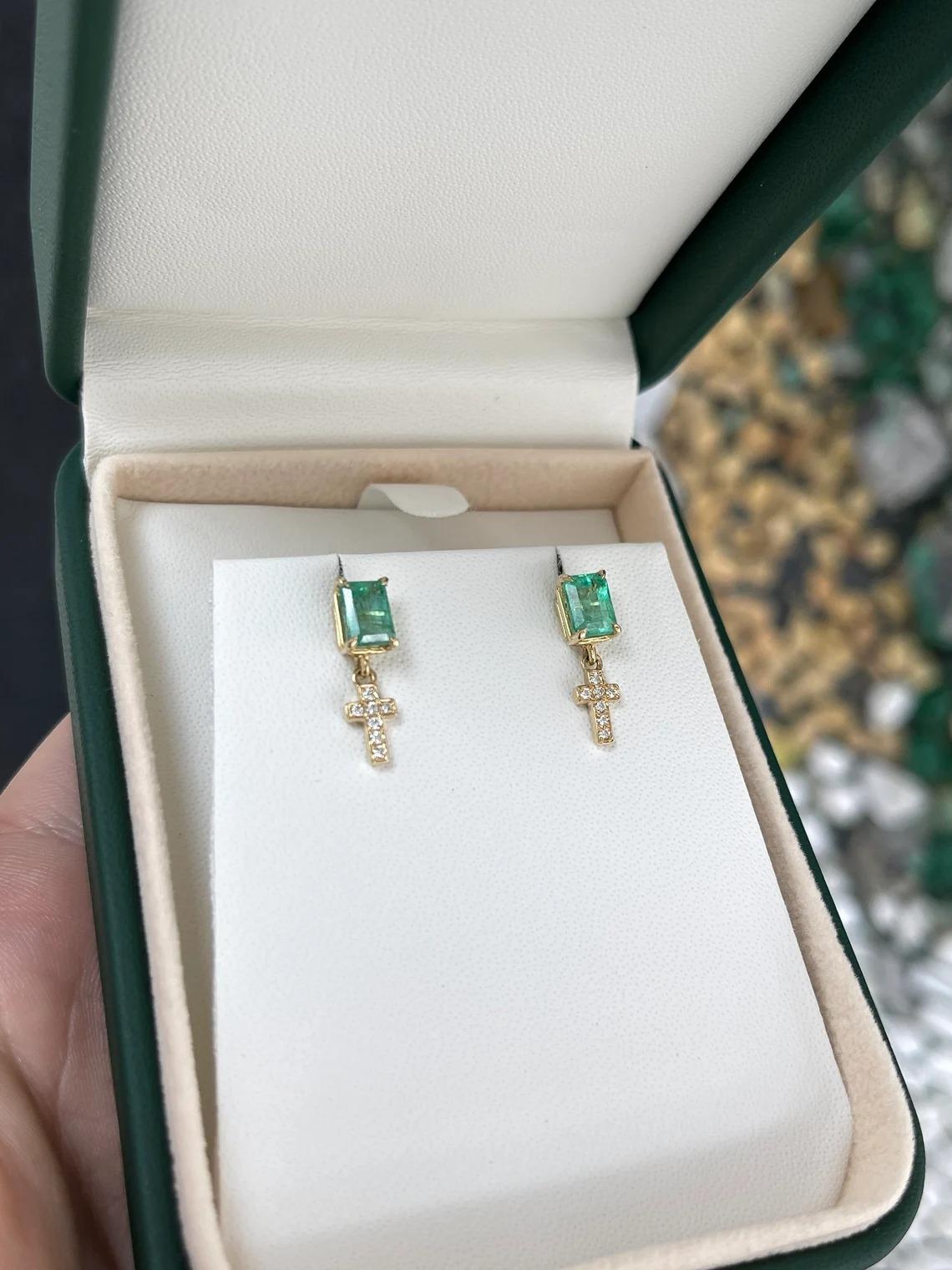 1.65tcw 14K Emerald Cut Emerald & Diamond Accent Cross Dangle Stud Gold Earrings In New Condition For Sale In Jupiter, FL