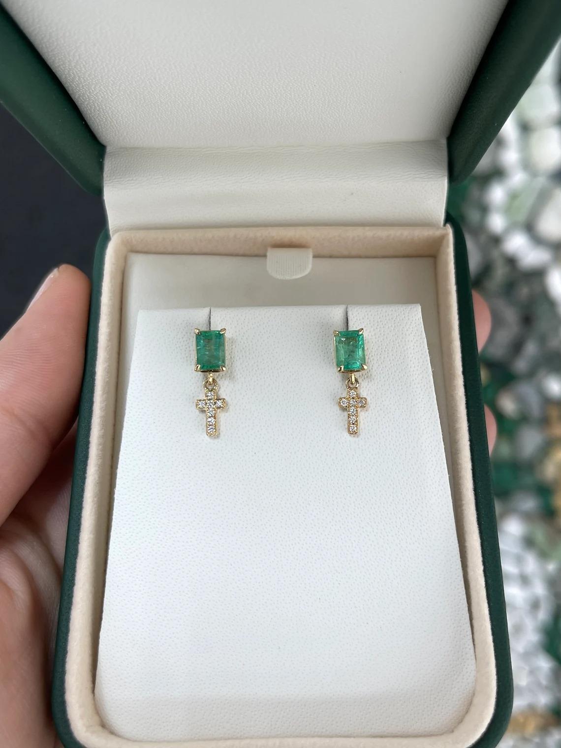 Women's or Men's 1.65tcw 14K Emerald Cut Emerald & Diamond Accent Cross Dangle Stud Gold Earrings For Sale