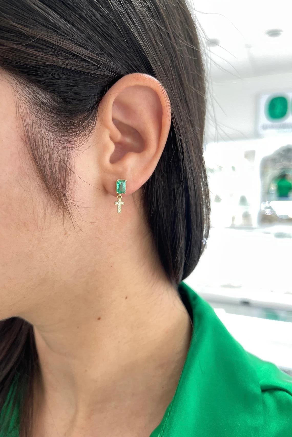 1.65tcw 14K Emerald Cut Emerald & Diamond Accent Cross Dangle Stud Gold Earrings For Sale 1