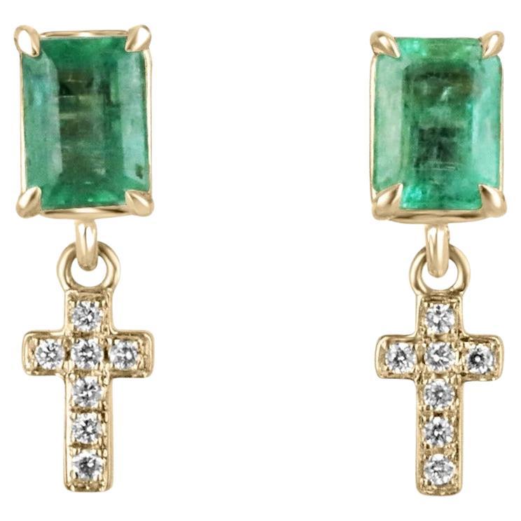 1.65tcw 14K Emerald Cut Emerald & Diamond Accent Cross Dangle Stud Gold Earrings For Sale