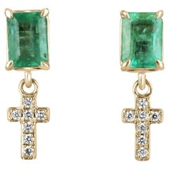 1.65tcw 14K Emerald Cut Emerald & Diamond Accent Cross Dangle Gold Earrings