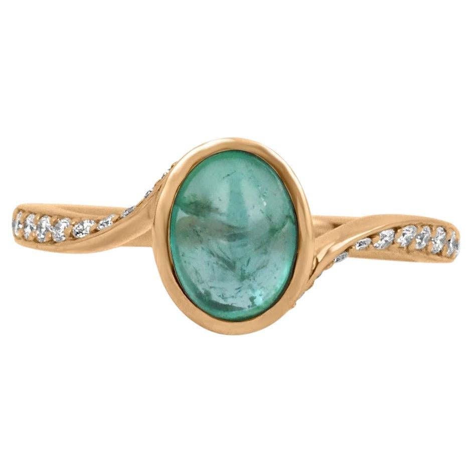 1.65tcw 14K Natural Emerald Cabochon Oval Cut & Diamond Accent Rose Gold Ring For Sale
