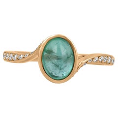 1.65tcw 14K Natural Emerald Cabochon Oval Cut & Diamond Accent Rose Gold Ring