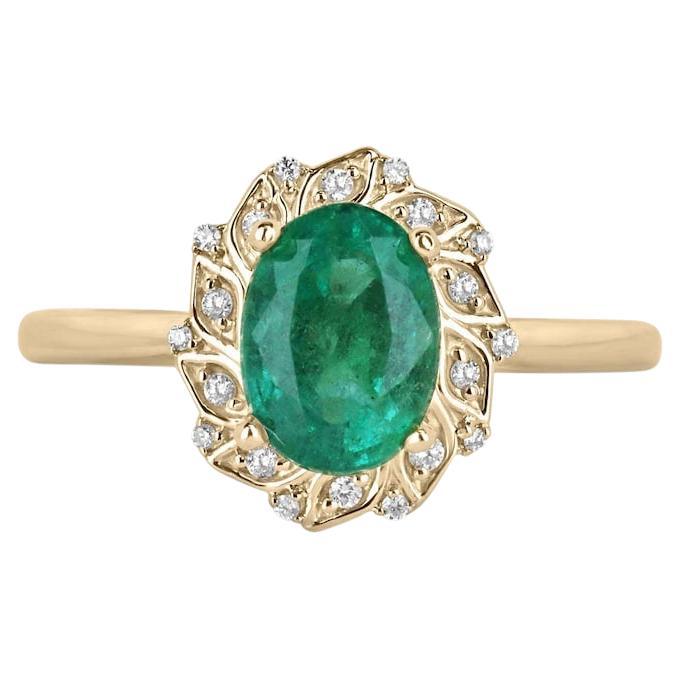 1.65tcw 14K Oval Emerald & Diamond Floral Halo Ring  Gold Engagement Ring