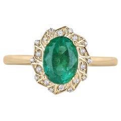 Anillo Halo Floral de Esmeraldas y Diamantes Ovalados de 14 quilates de 1,65 quilates  Anillo de compromiso de oro