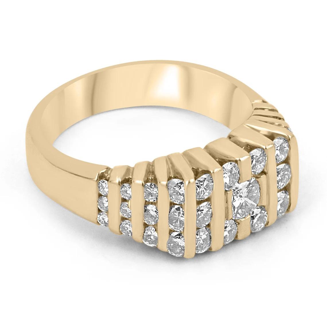 Setting Style: Channel
Setting Material: 18K Yellow Gold
Setting Weight: 13.1 Grams

Main Stone: Diamond
Diamond Count: 37
Weight: 1.65-Carats (Total)
Cut: Brilliant Round
Clarity: VVS
Color: H
Luster: Excellent
Treatments: Natural

Estimated Retail