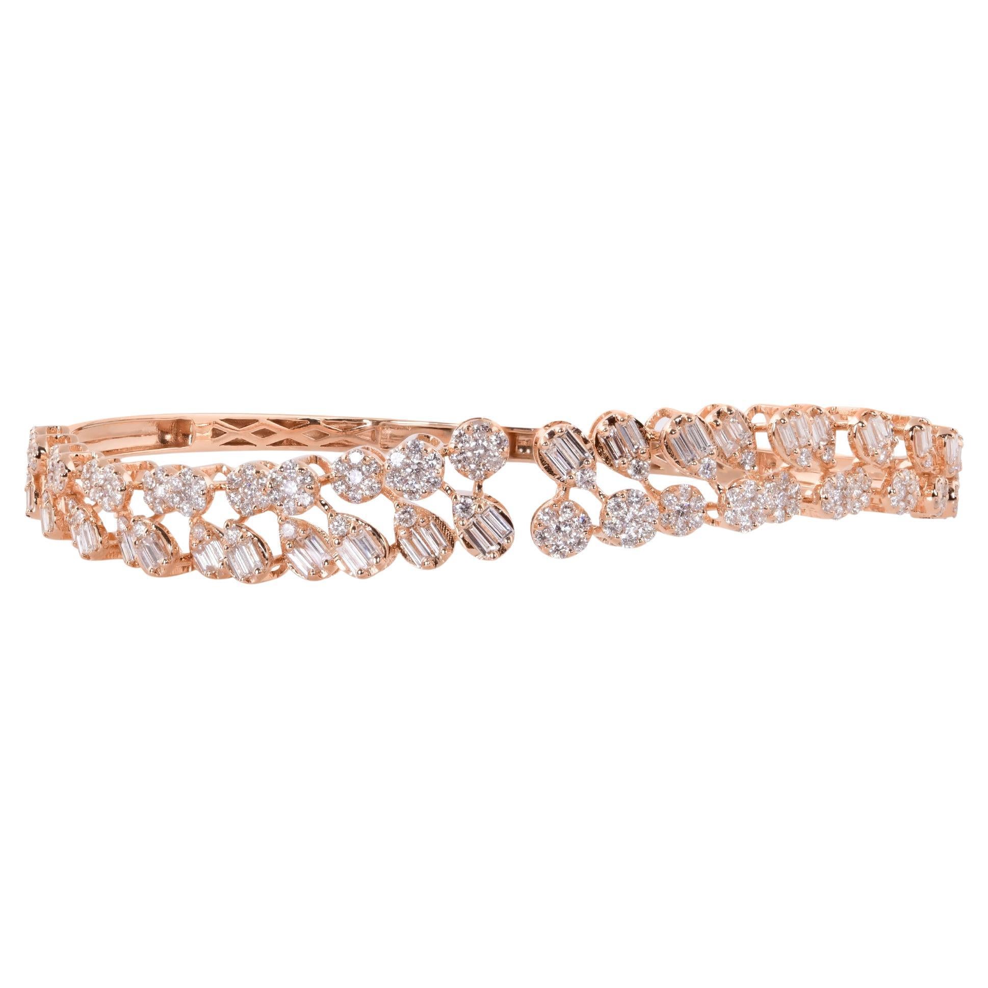 Bracelet manchette en or rose 14 carats avec diamants baguettes et ronds de 1,66 carat en vente