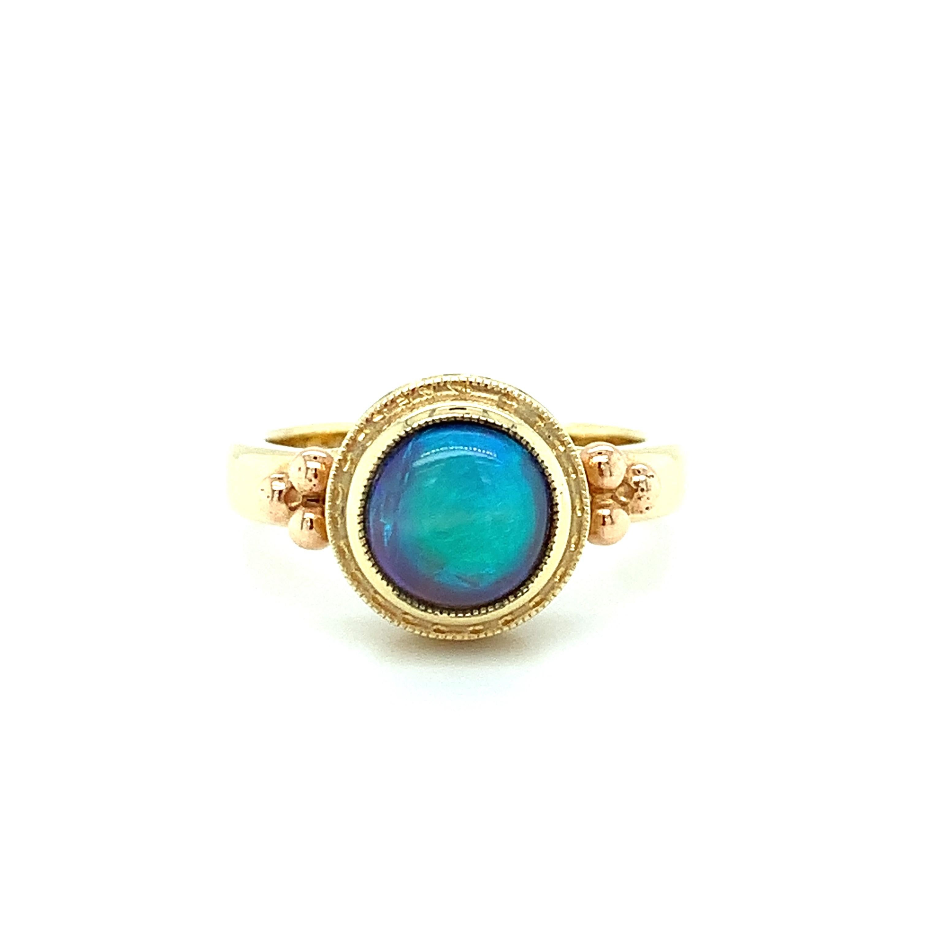 1.66 Carat Black Opal Rose and Yellow Gold Bezel Set Handmade Dome Signet Ring 2