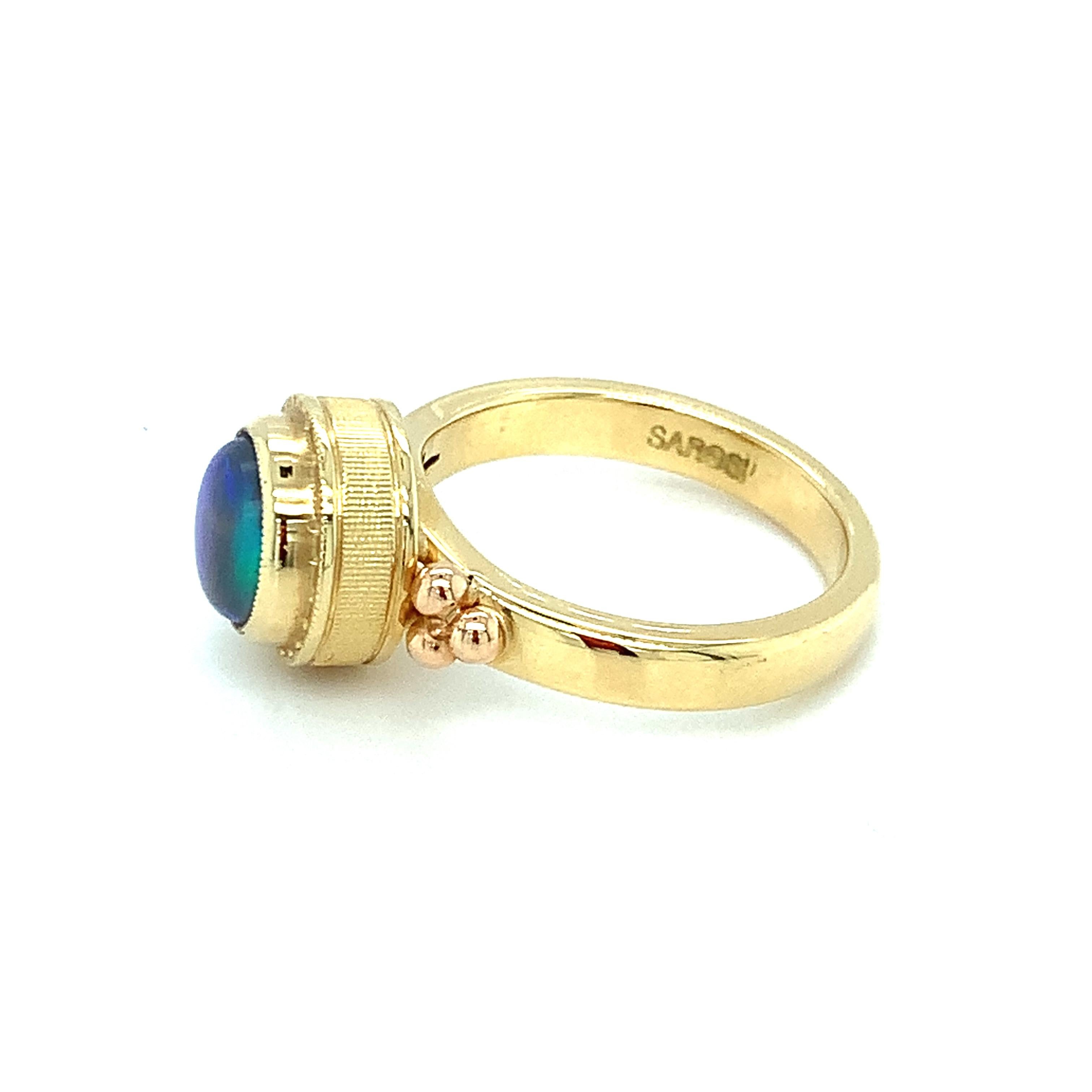 Artisan 1.66 Carat Black Opal Rose and Yellow Gold Bezel Set Handmade Dome Signet Ring