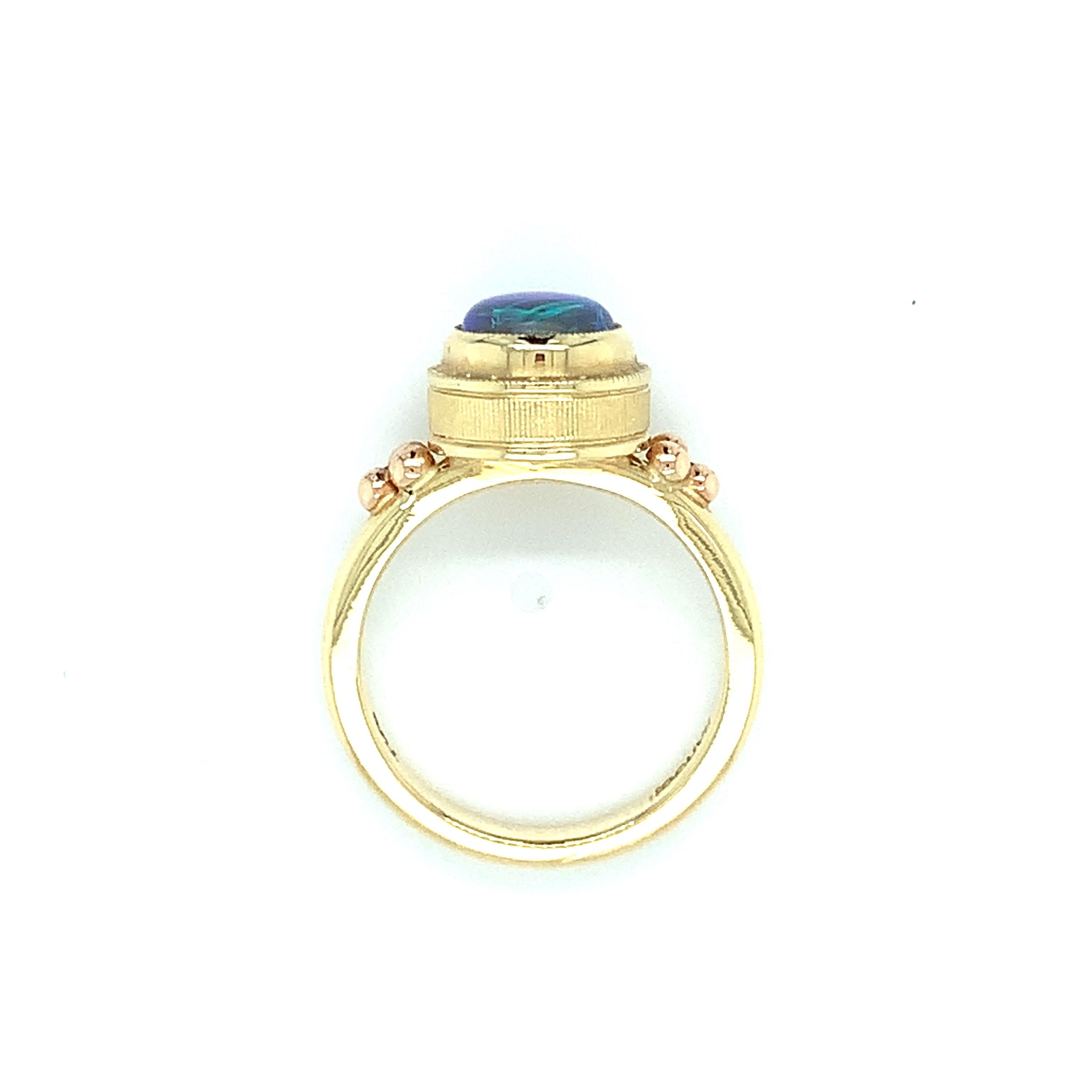 Women's 1.66 Carat Black Opal Rose and Yellow Gold Bezel Set Handmade Dome Signet Ring