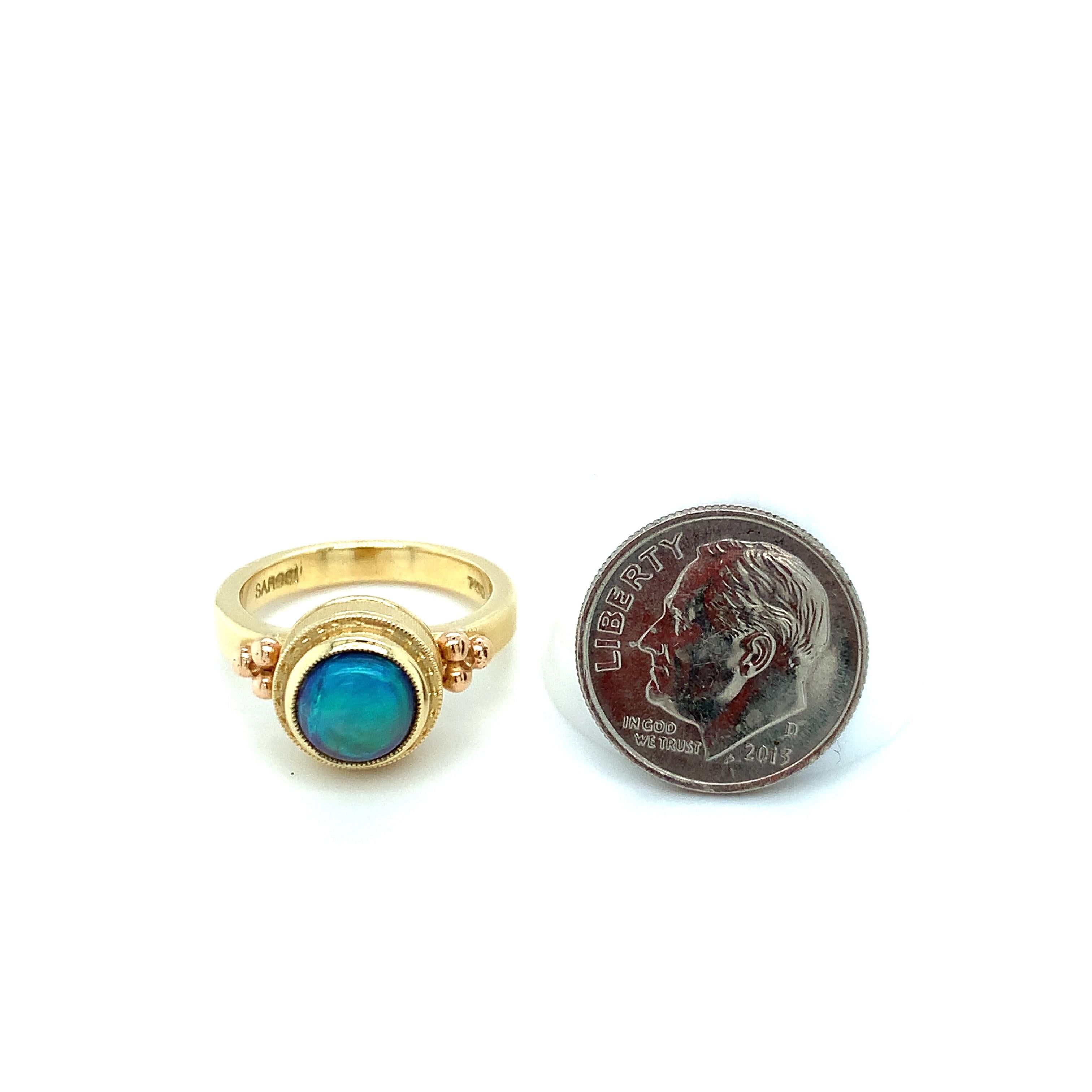 1.66 Carat Black Opal Rose and Yellow Gold Bezel Set Handmade Dome Signet Ring 1