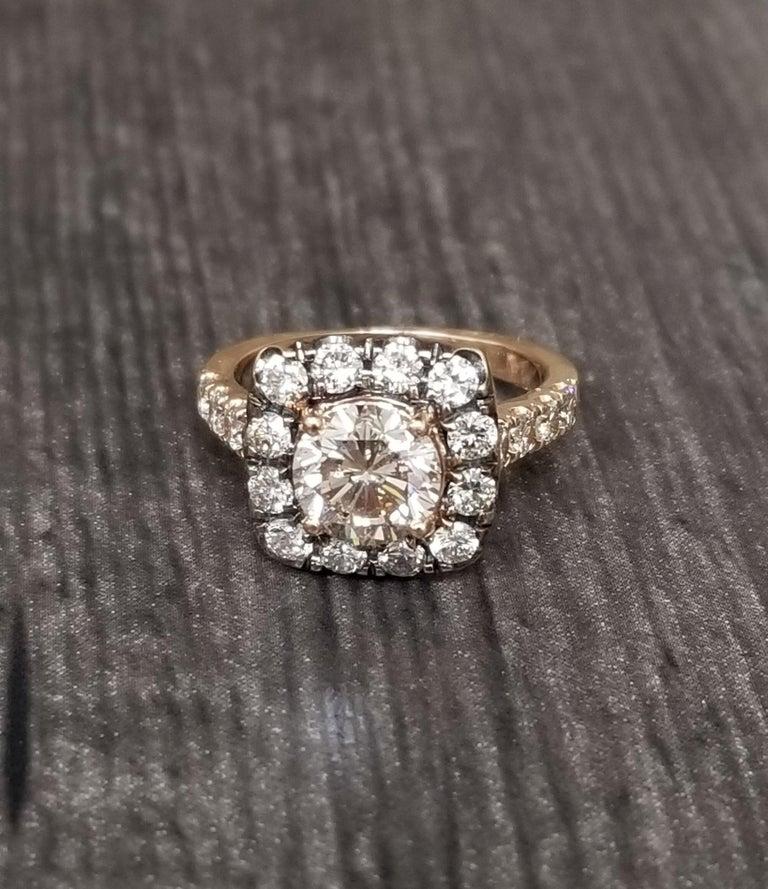 14k rose gold brown diamond halo ring containing 1 brilliant cut diamond; color 