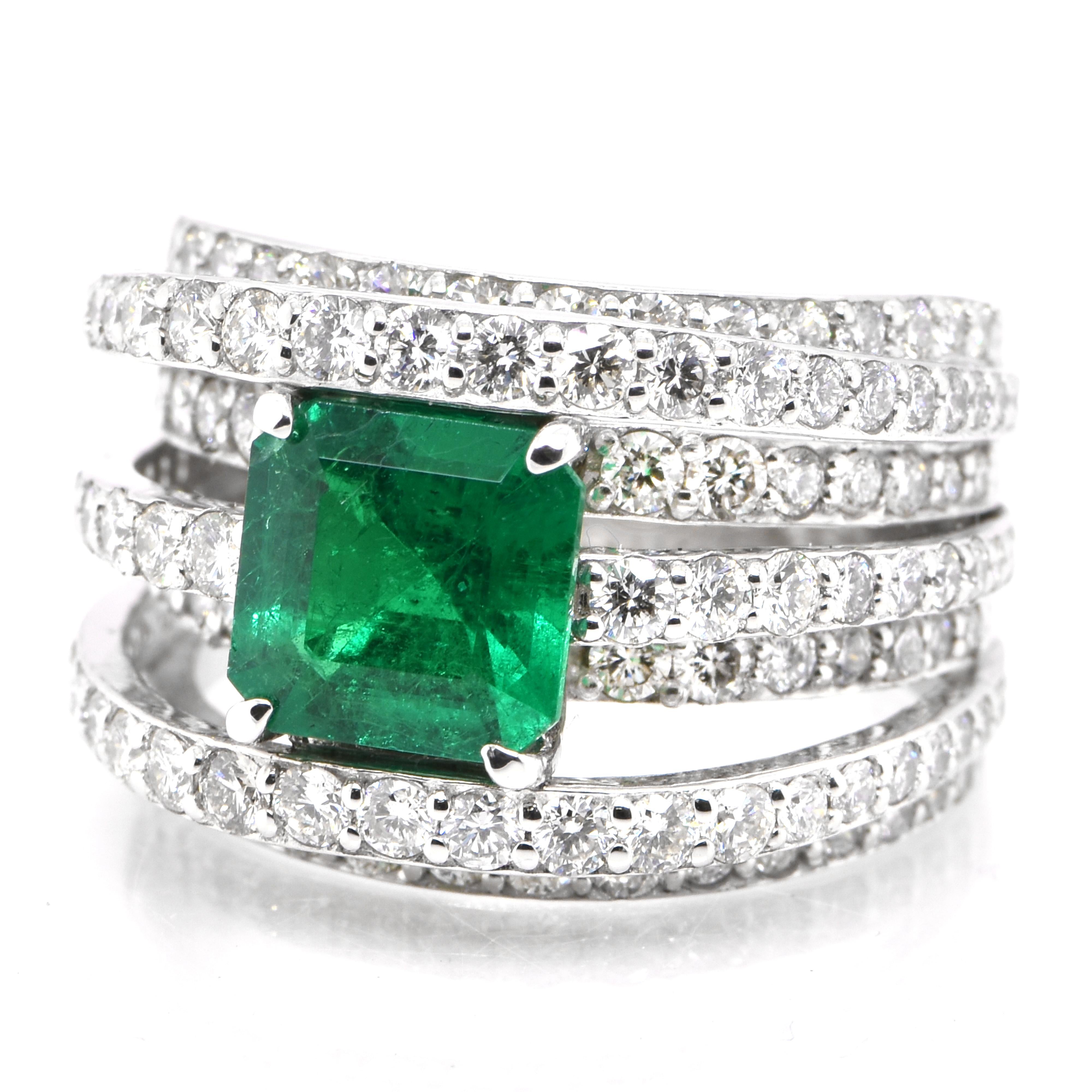 A stunning ring featuring a 1.66 Carat Natural Colombian Emerald and 2.00 Carats of Diamond Accents set in Platinum. People have admired emerald’s green for thousands of years. Emeralds have always been associated with the lushest landscapes and the