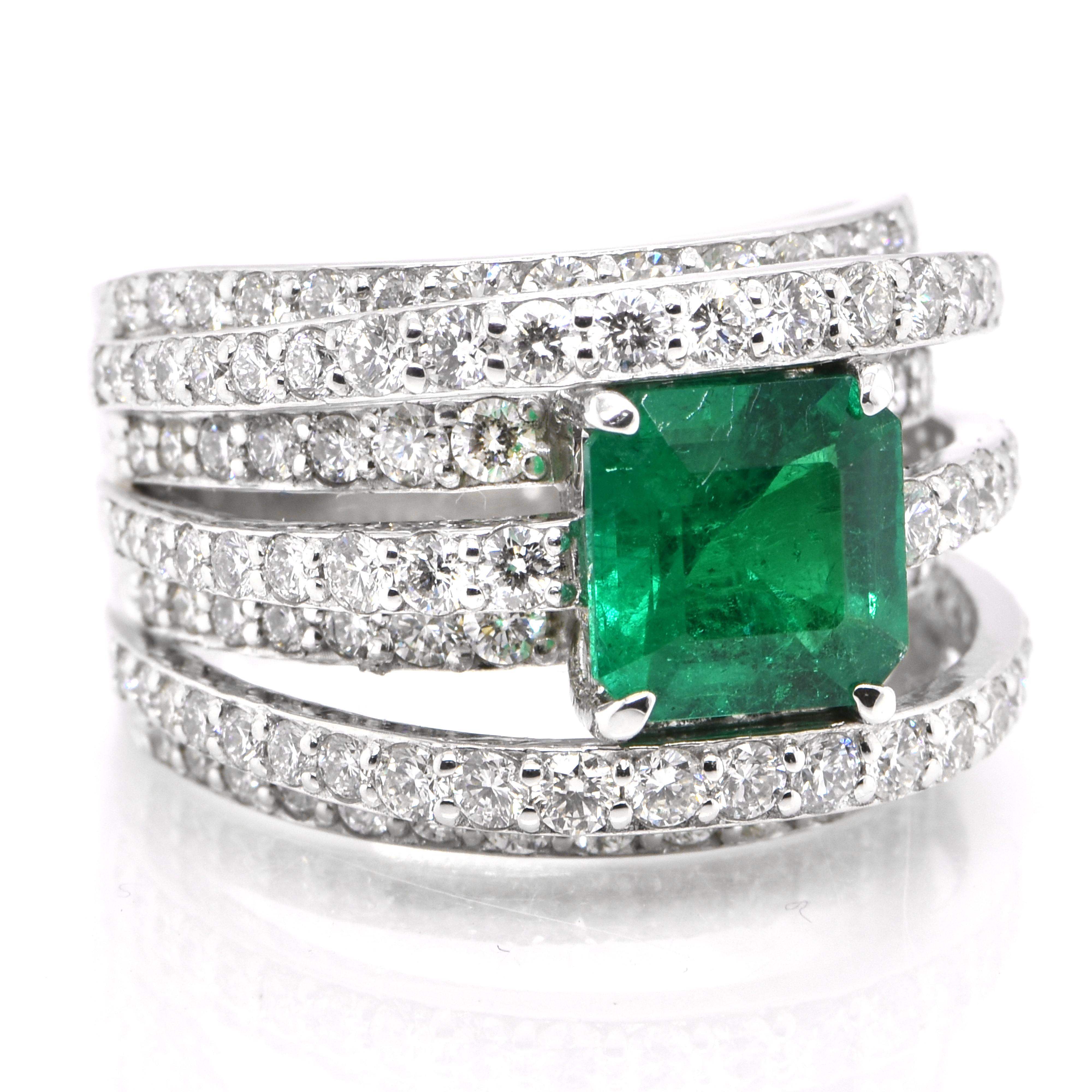 Modern 1.66 Carat Colombian, Muzo Color Emerald & Diamond Cocktail Ring Set in Platinum For Sale