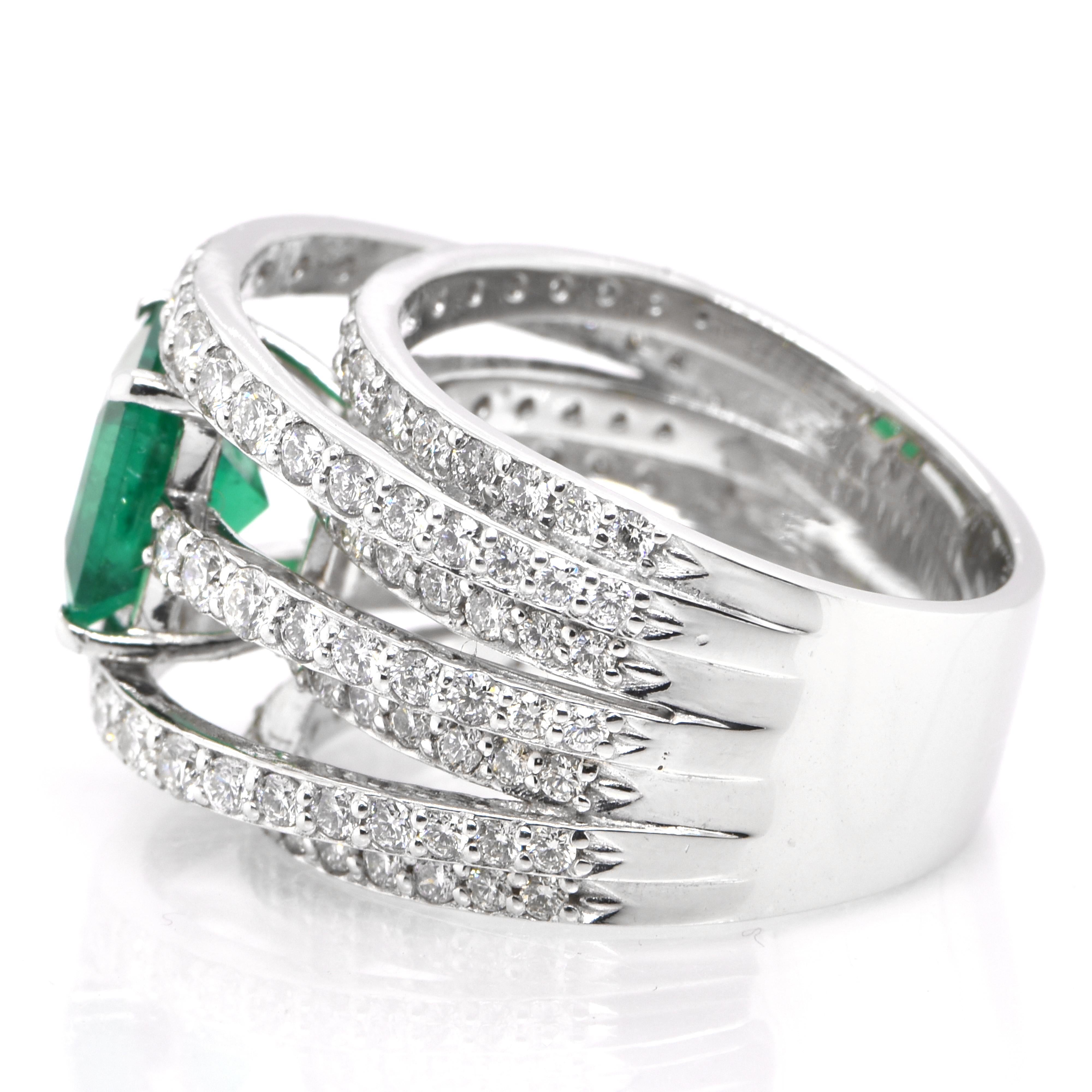 Emerald Cut 1.66 Carat Colombian, Muzo Color Emerald & Diamond Cocktail Ring Set in Platinum For Sale