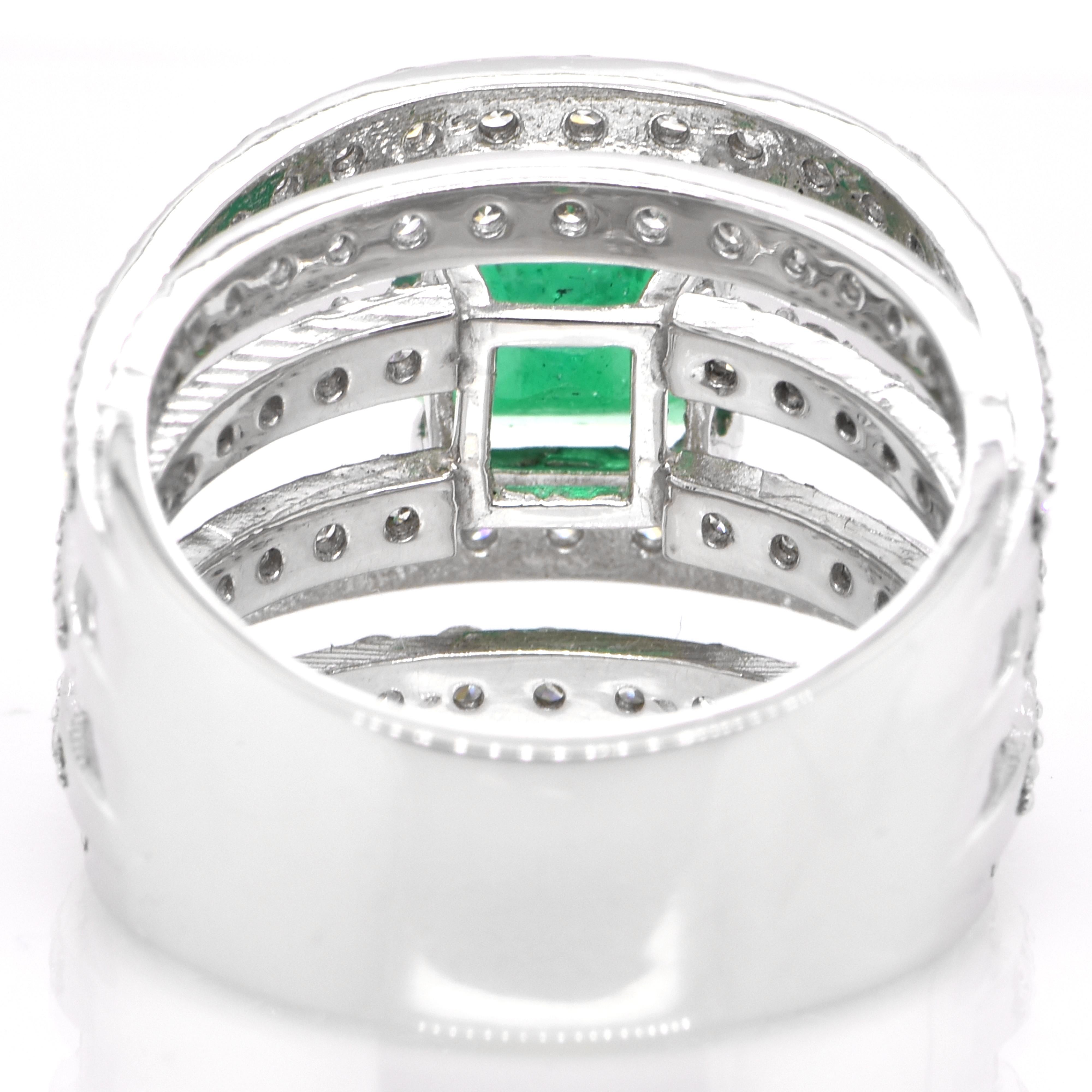Women's 1.66 Carat Colombian, Muzo Color Emerald & Diamond Cocktail Ring Set in Platinum For Sale