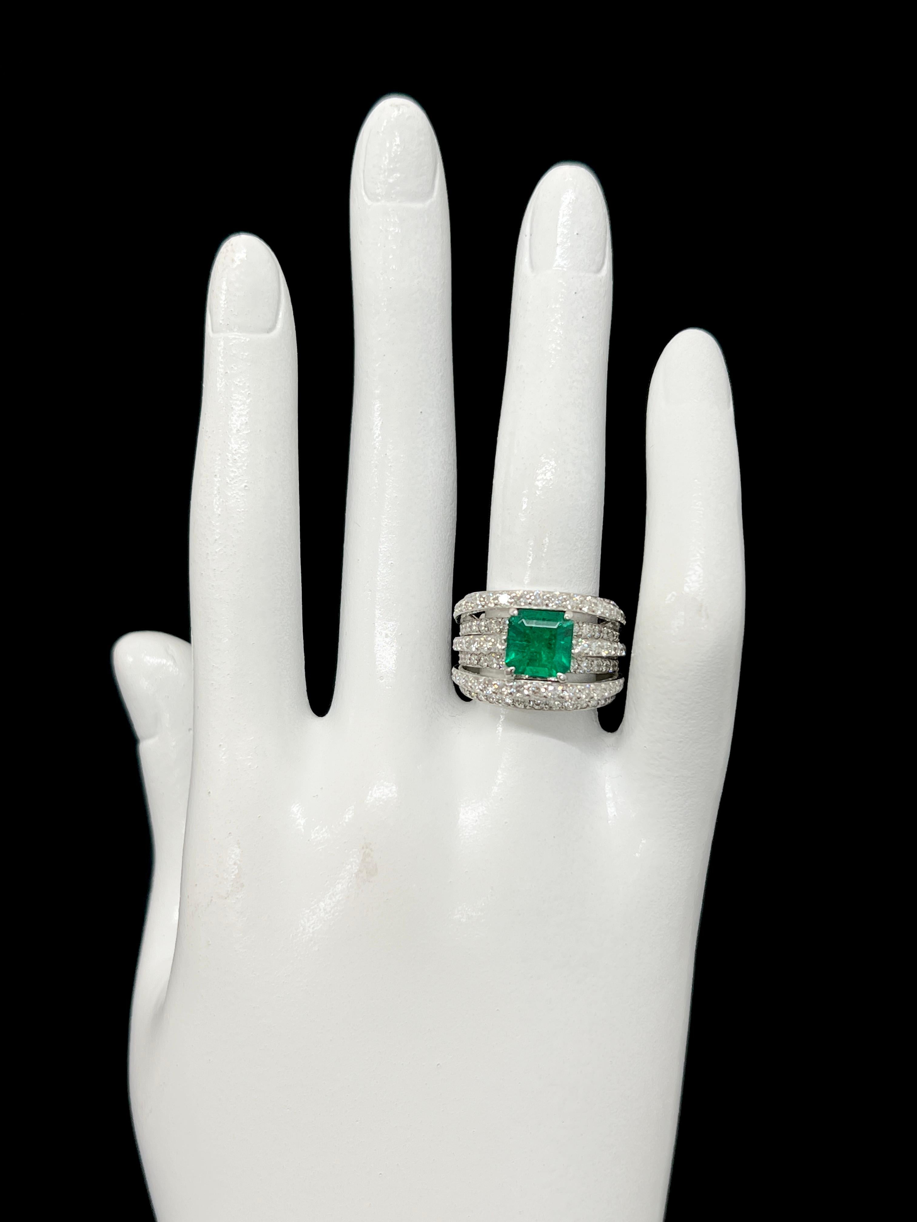 1.66 Carat Colombian, Muzo Color Emerald & Diamond Cocktail Ring Set in Platinum For Sale 1