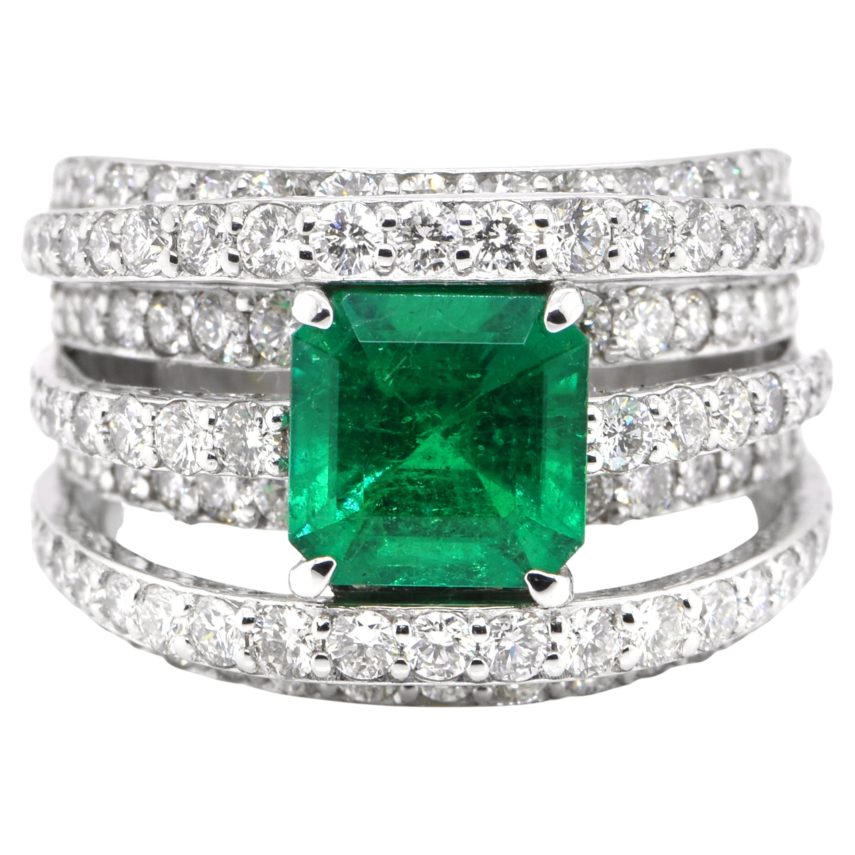 1.66 Carat Colombian, Muzo Color Emerald & Diamond Cocktail Ring Set in Platinum For Sale