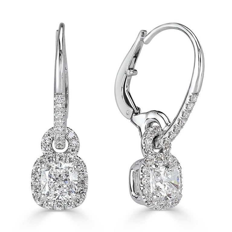 1.66 Carat Cushion Cut Diamond Dangle Earrings in Platinum For Sale at ...