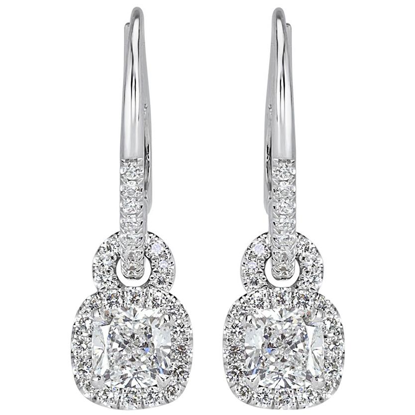 1.66 Carat Cushion Cut Diamond Dangle Earrings in Platinum For Sale