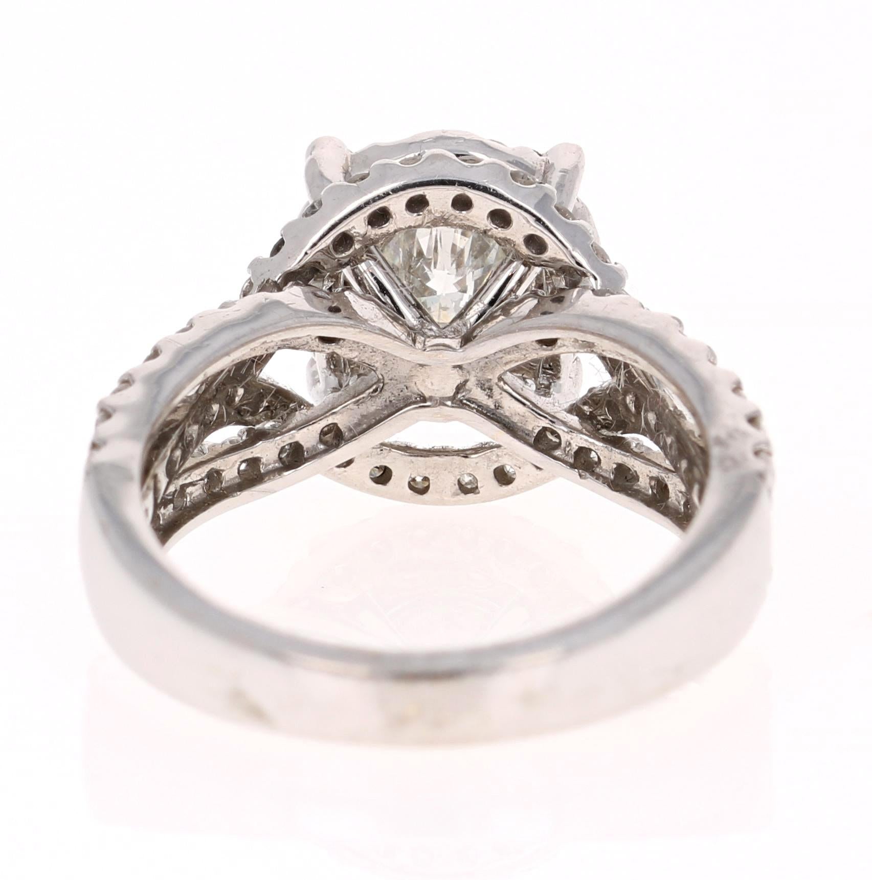 Round Cut 1.66 Carat Diamond 14 Karat White Gold Bridal Cluster Ring