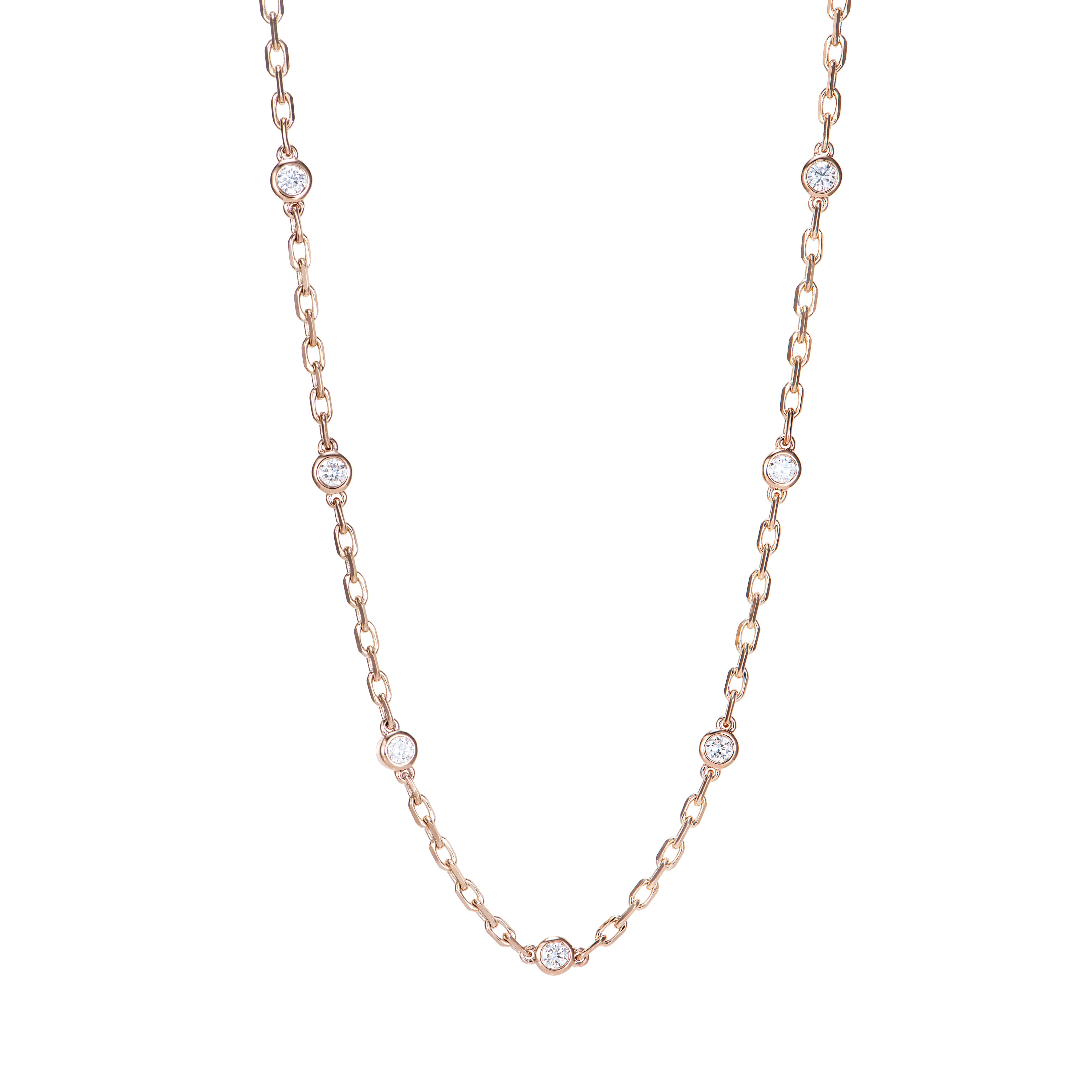 An elegant Necklace will add that final touch to your outfit. This Necklace are made in Rose Gold and present a classic yet elegant look. 

Diamond Chain Necklace in 18Karat Rose Gold.

Diamond: 1.66 carat, 2.80mm size, round shape, G color, VS