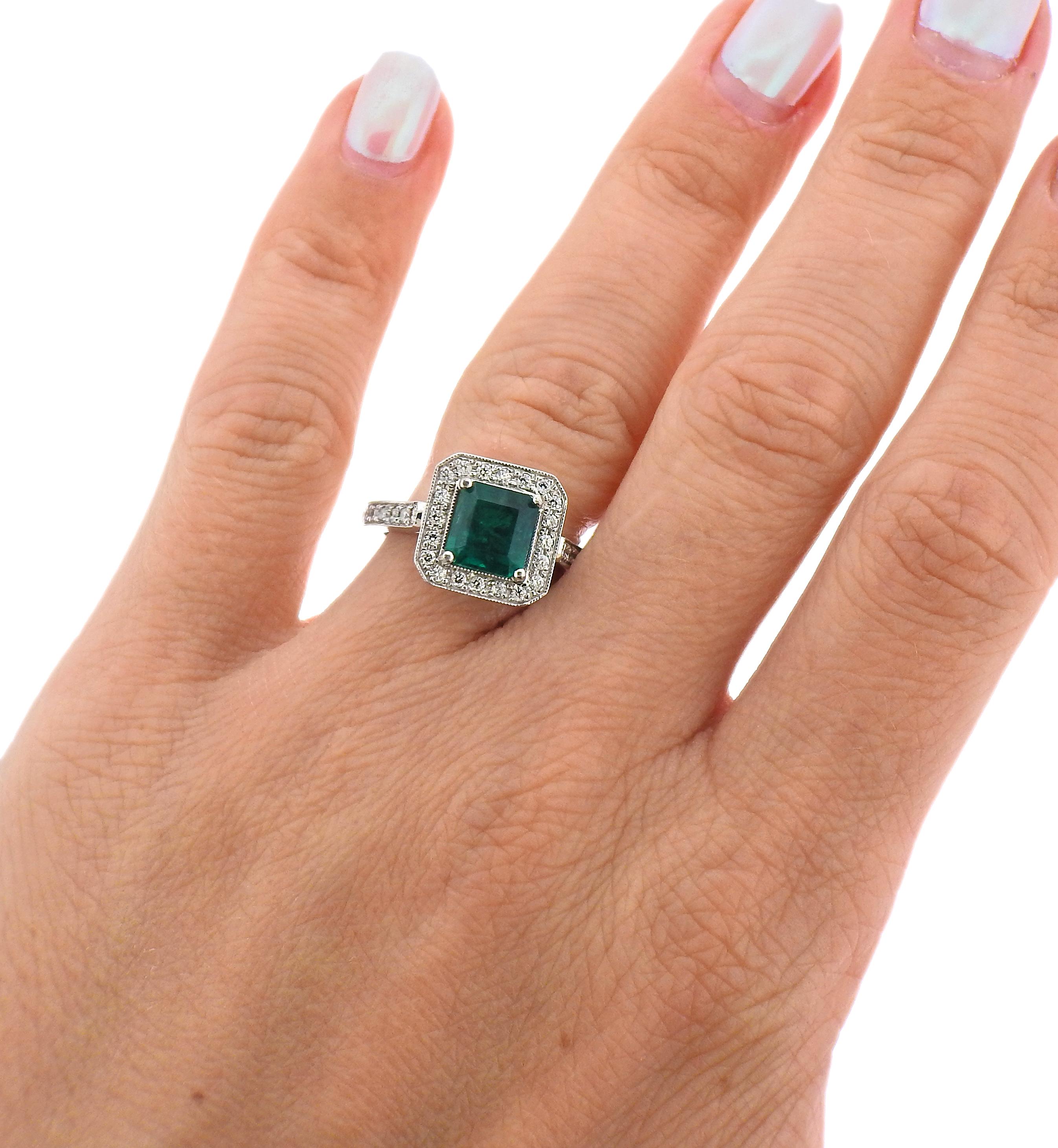 1.66 Carat Emerald Diamond Platinum Ring In Excellent Condition For Sale In New York, NY