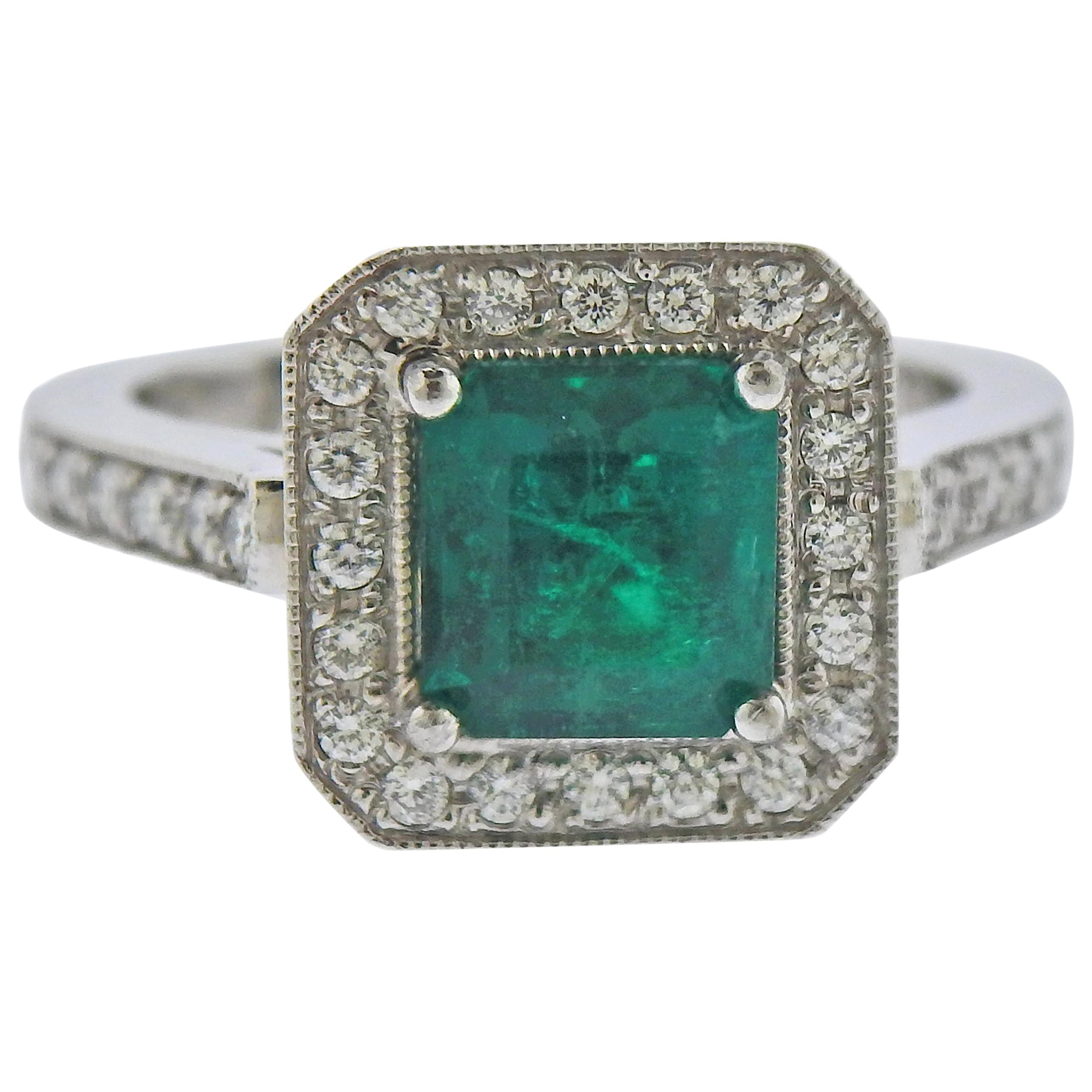 1.66 Carat Emerald Diamond Platinum Ring For Sale