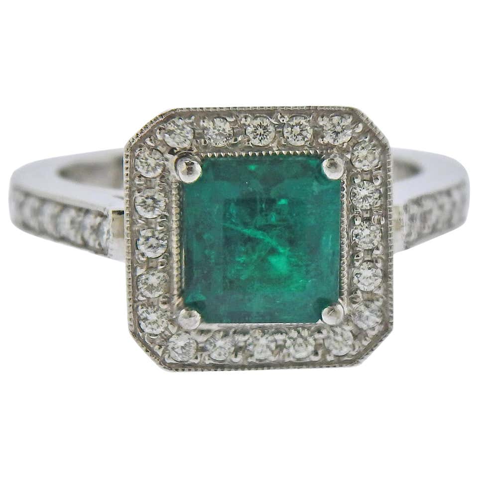 Gem Emerald Diamond Platinum Ring For Sale at 1stDibs