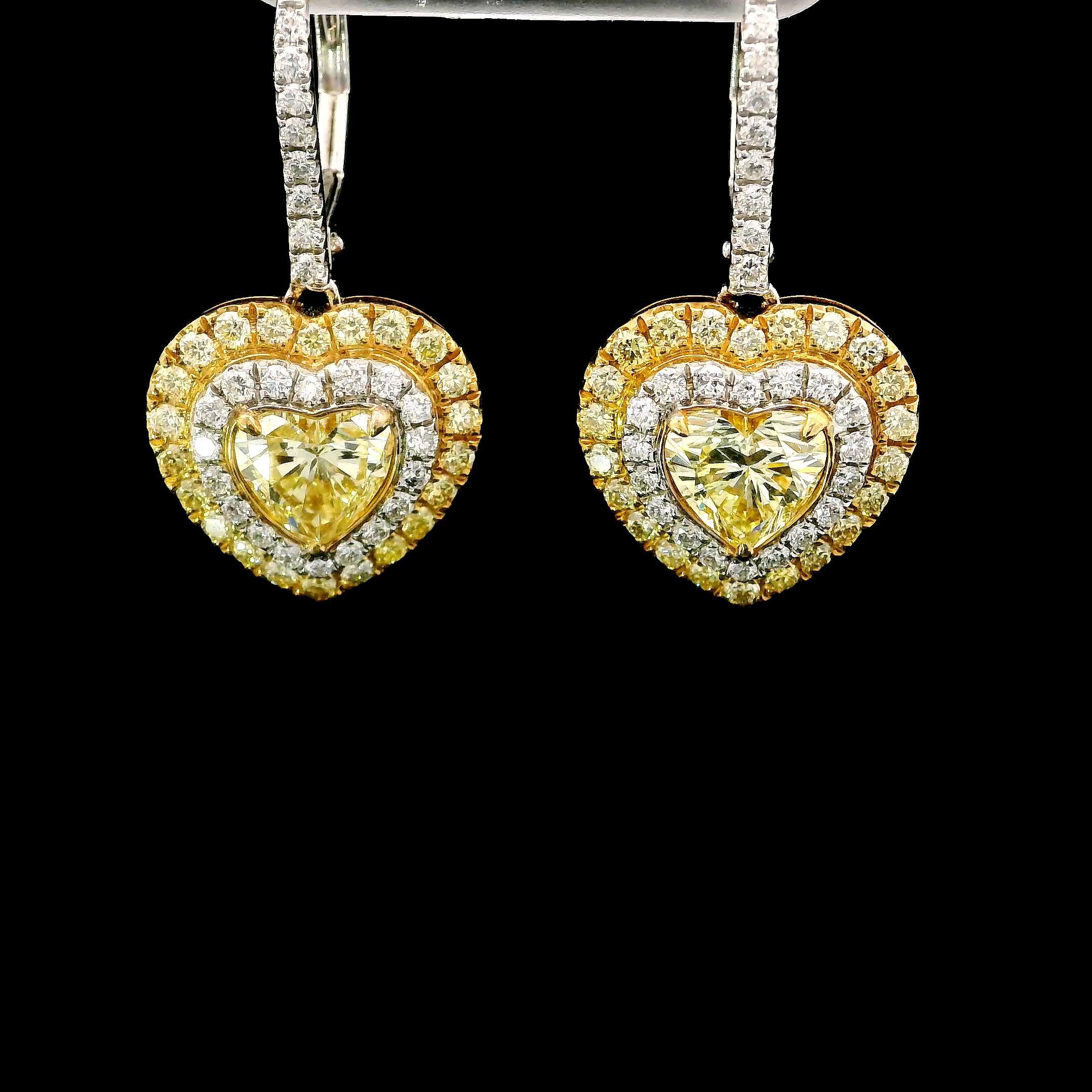 Heart Cut 1.66 Carat Fancy Yellow Diamond Earrings GIA Certified For Sale