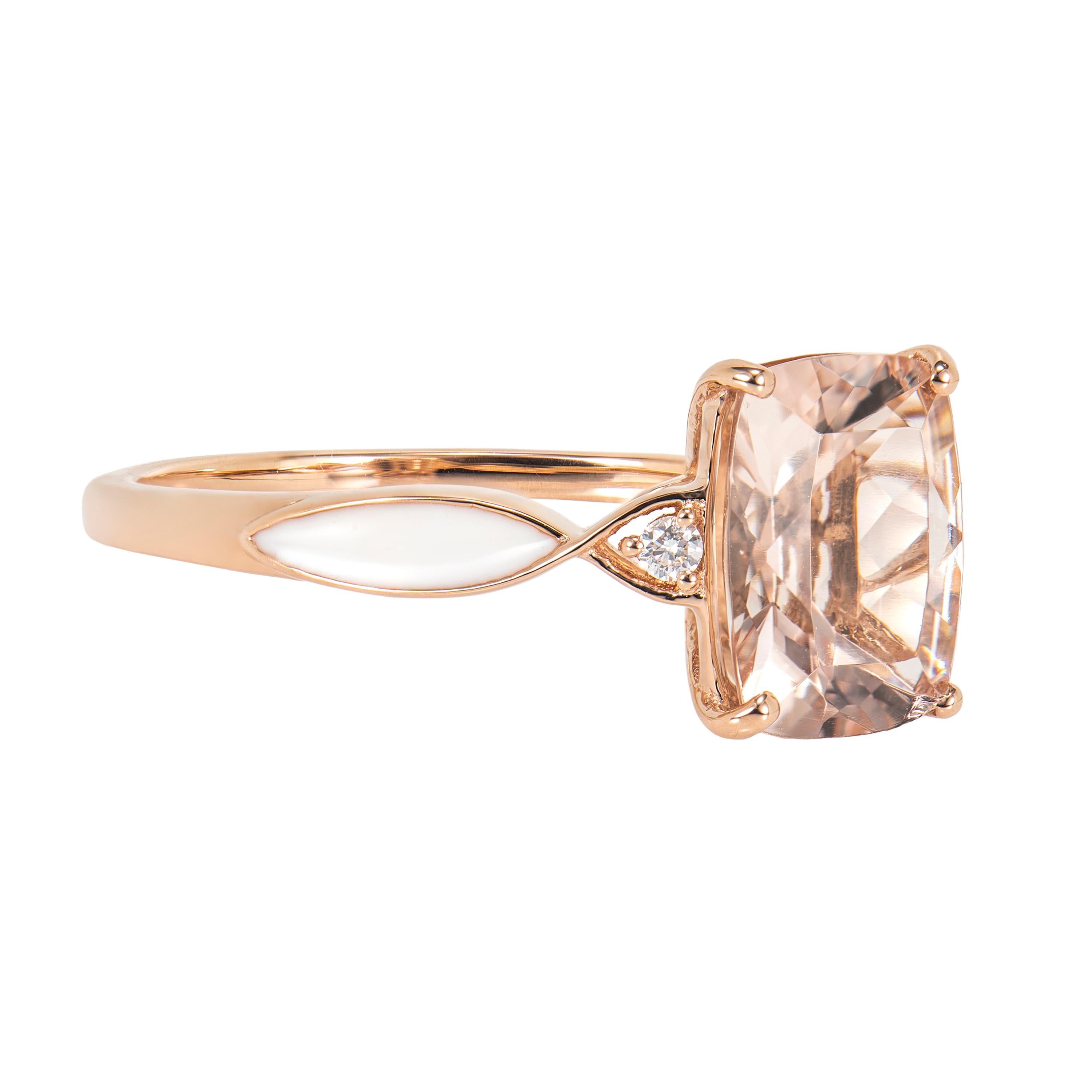 This collection includes a range of Morganite, which is a symbol of love and relationships, making it an excellent choice for a variety of applications. Accented with White Diamonds this ring is made in Rose Gold and present a classic yet elegant