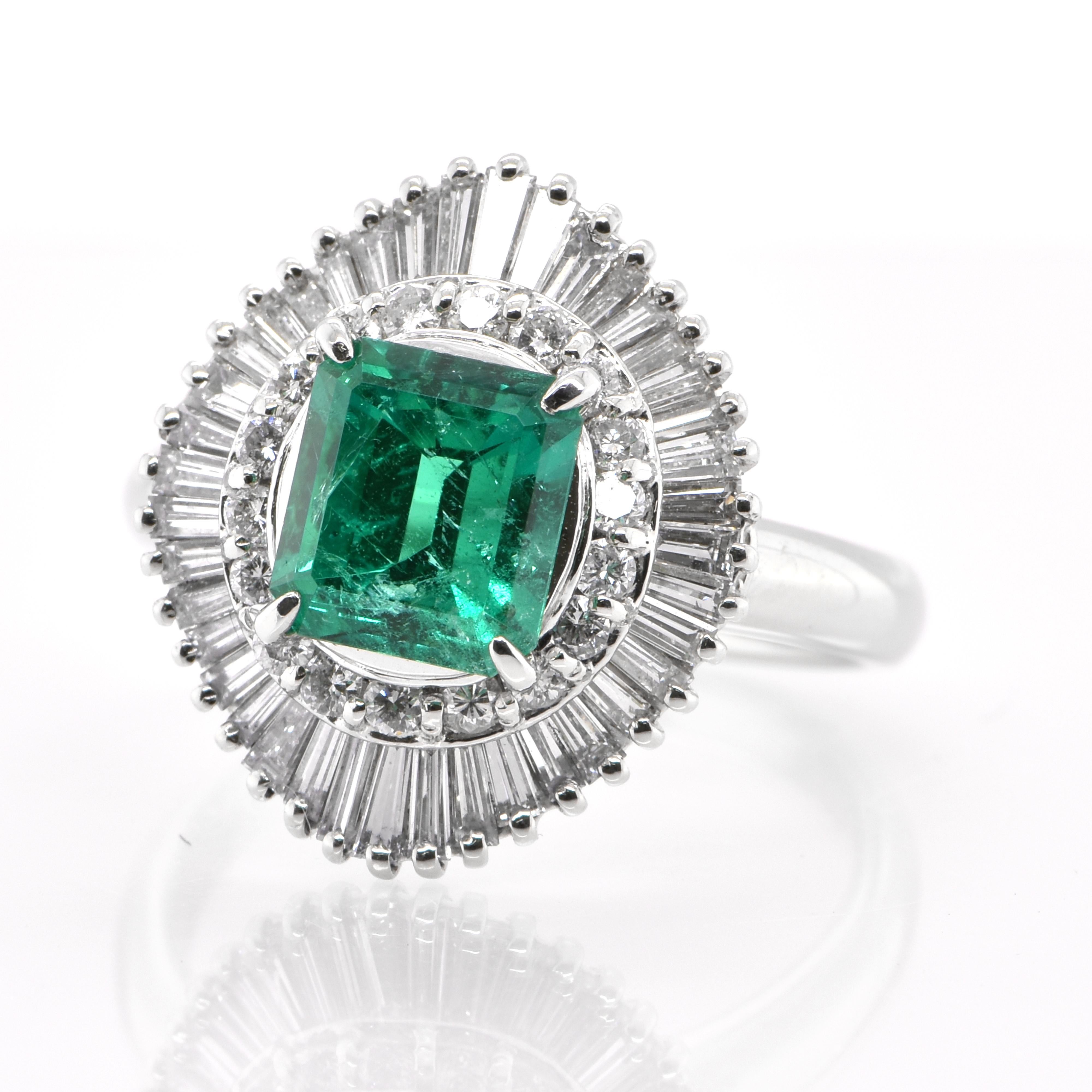 A stunning Ballerina Ring featuring a 1.66 Carat Natural Vivid Green Emerald and 0.84 Carats of Diamond Accents set in Platinum. People have admired emerald’s green for thousands of years. Emeralds have always been associated with the lushest