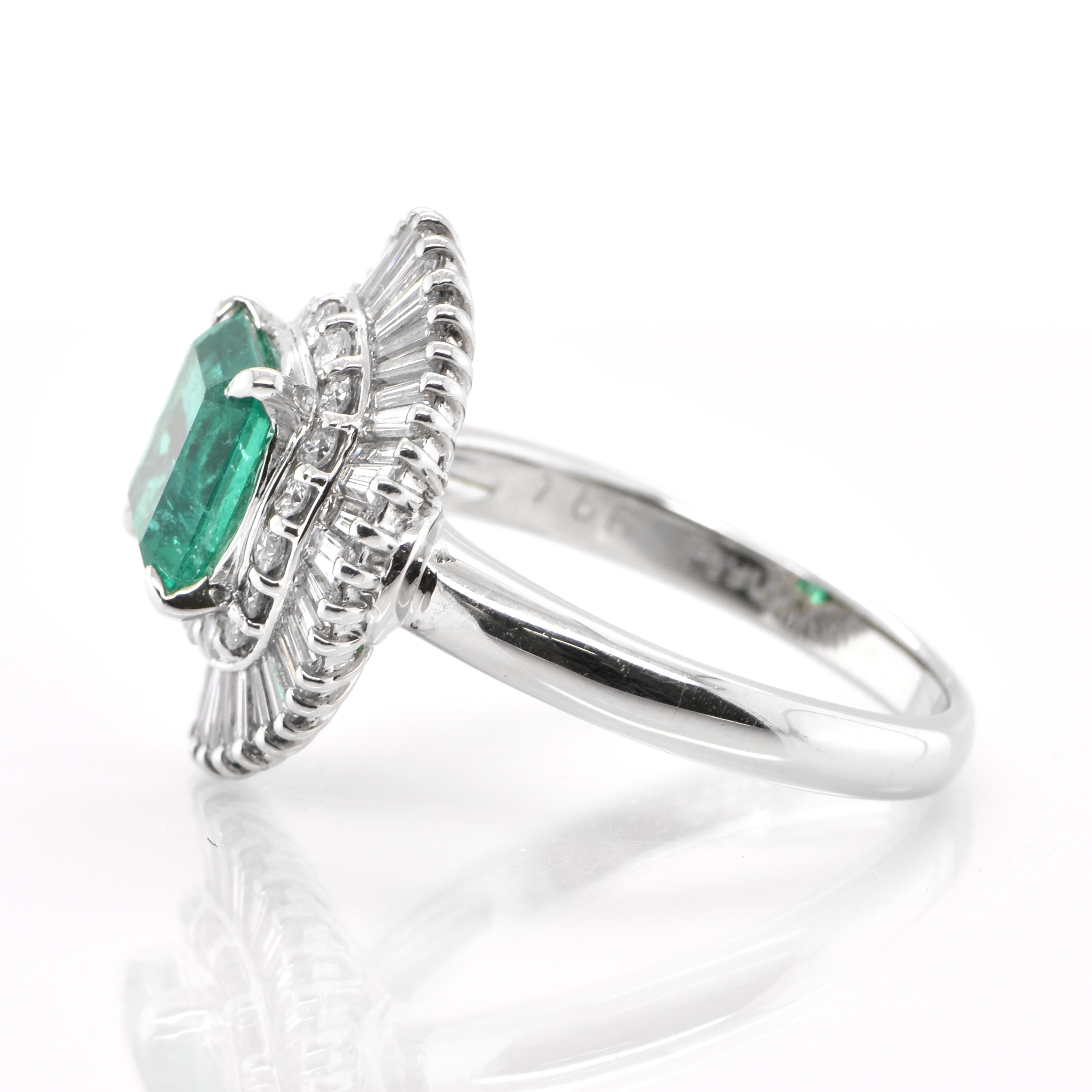 Emerald Cut 1.66 Carat Natural Emerald and Diamond Ballerina Ring Set in Platinum For Sale