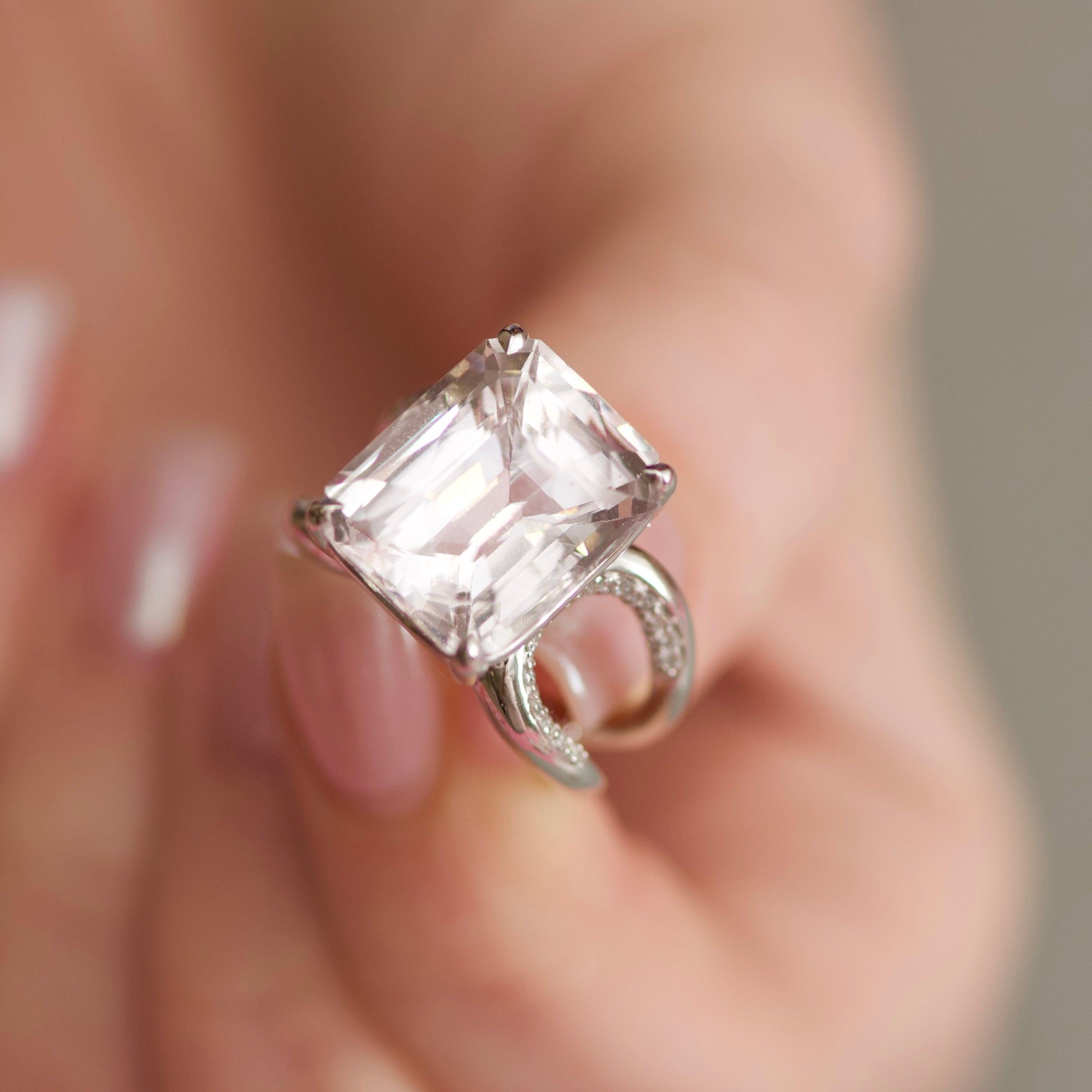 For Sale:  16.6 Carat Natural Pink Morganite Diamonds 14 Karat White Gold Ring 9