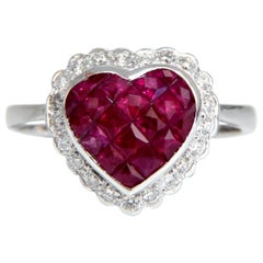 1.66 Carat Natural Ruby Diamonds Heart Ring 18 Karat Gold Invisible Set