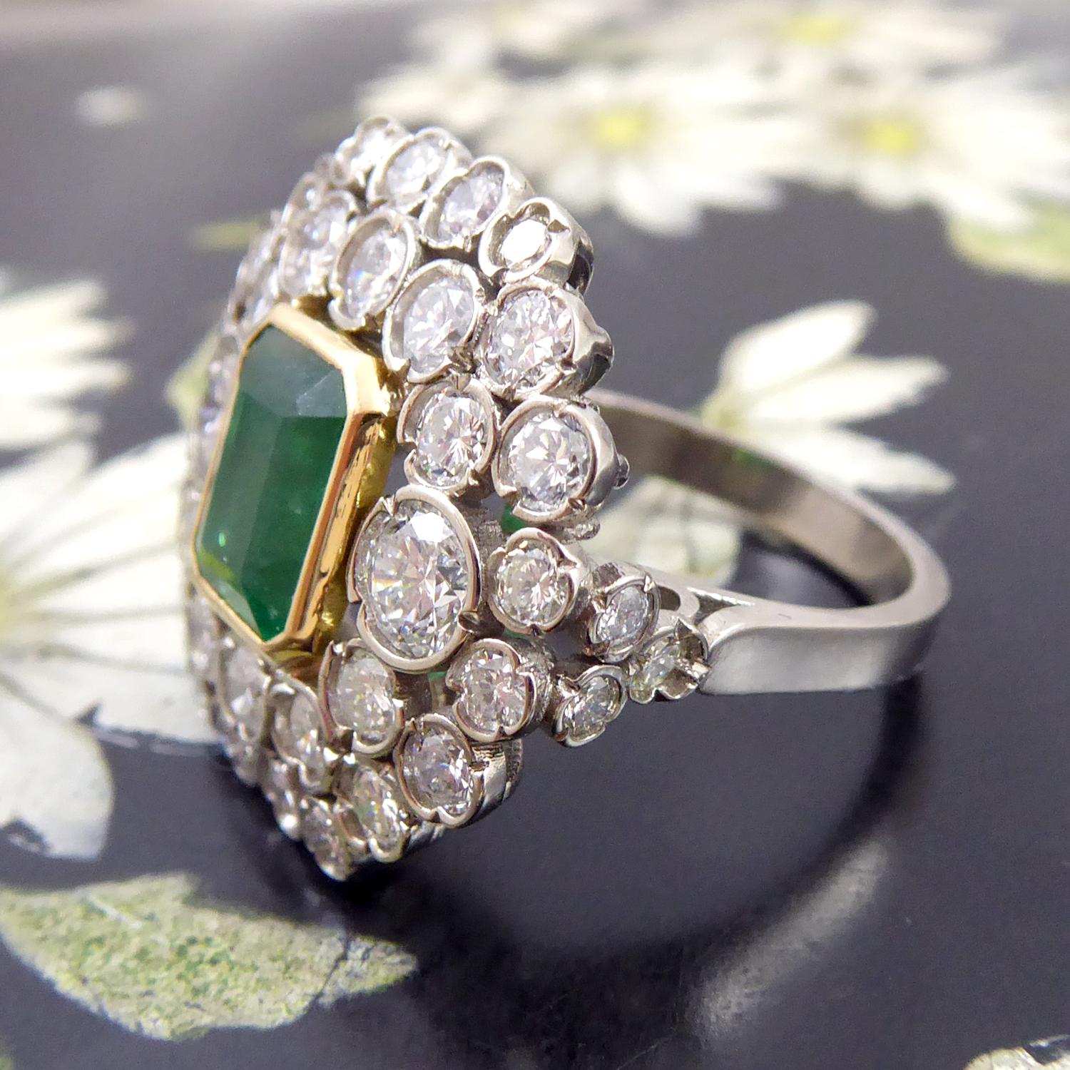 Emerald Cut 1.66 Carat Octagonal Step Cut Emerald and 2.93 Carat Diamond Cluster Ring For Sale