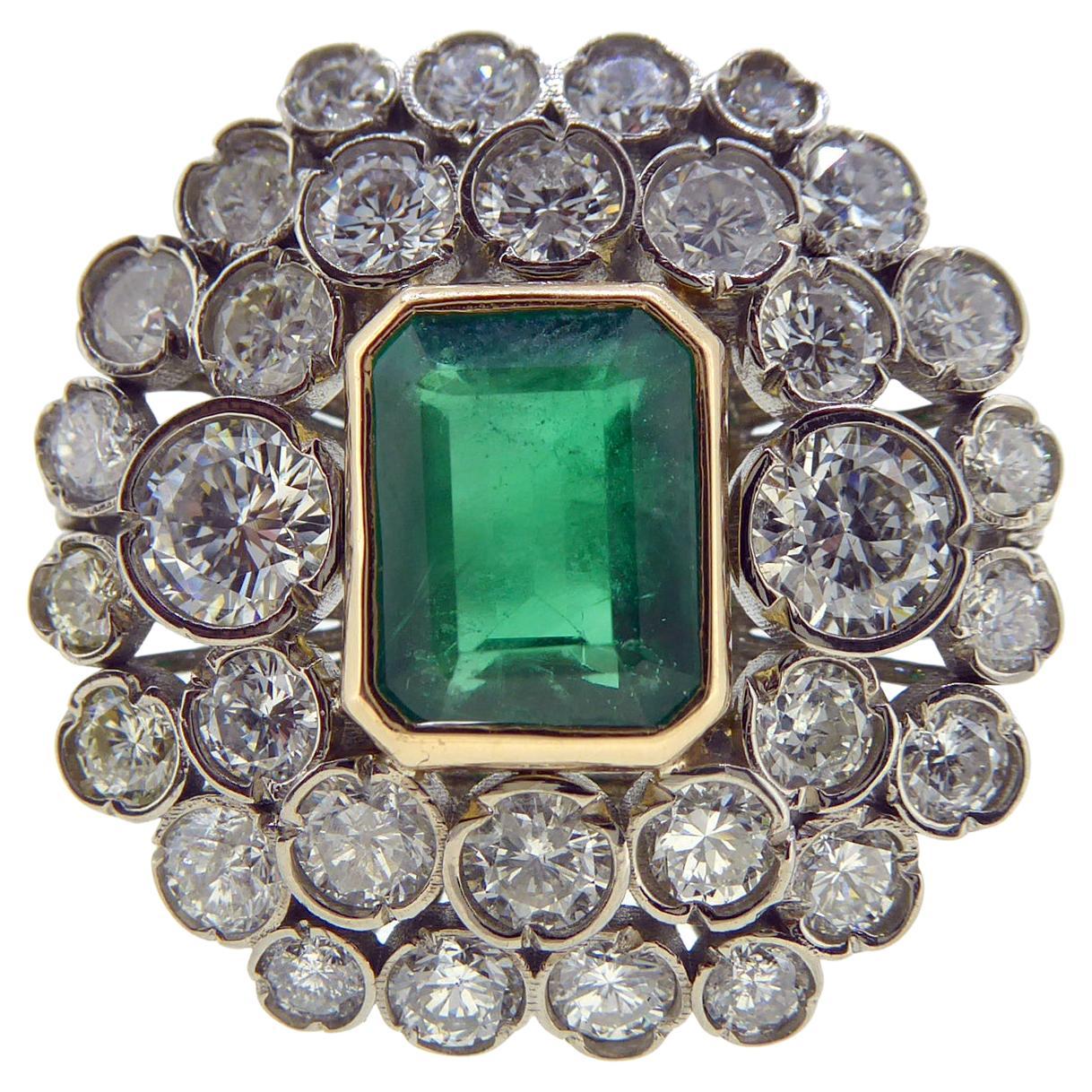 1.66 Carat Octagonal Step Cut Emerald and 2.93 Carat Diamond Cluster Ring For Sale